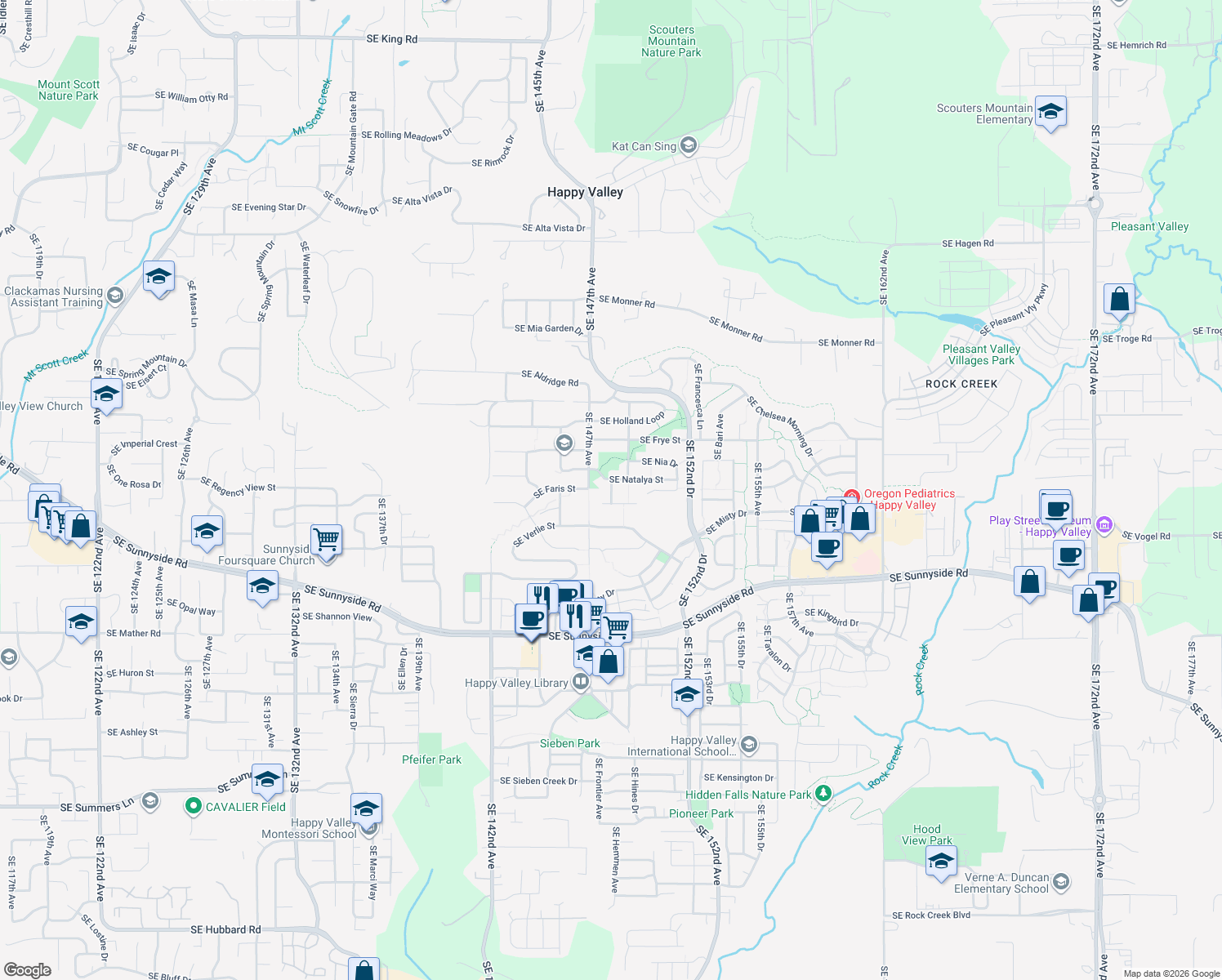 map of restaurants, bars, coffee shops, grocery stores, and more near Southeast Sonora Way in Happy Valley