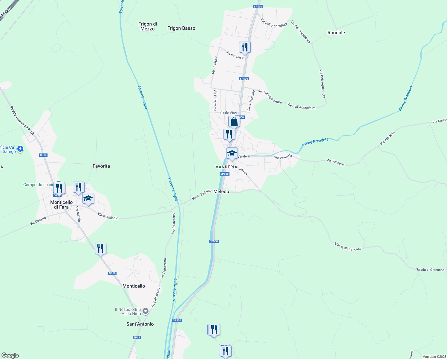 map of restaurants, bars, coffee shops, grocery stores, and more near 57 Via G. G. Trissino in Meledo