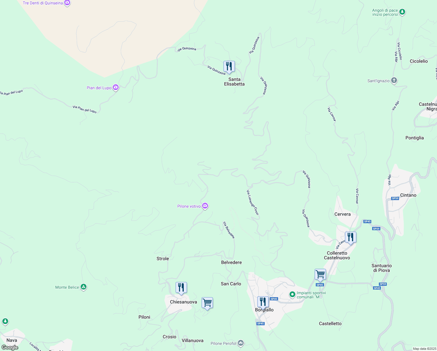 map of restaurants, bars, coffee shops, grocery stores, and more near 43 Via Belvedere in Città Metropolitana di Torino