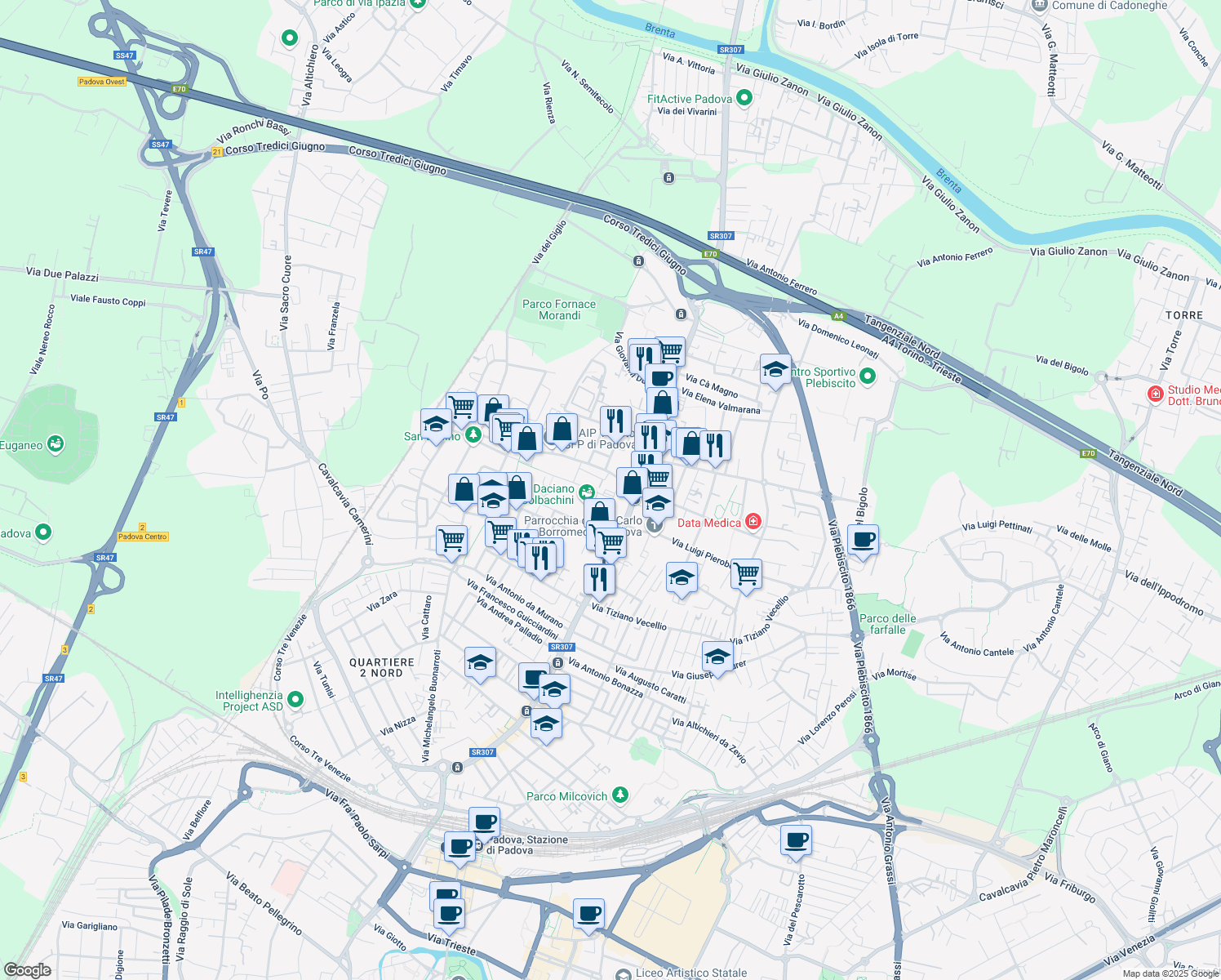 map of restaurants, bars, coffee shops, grocery stores, and more near 4I Via Filippo Lippi in Padova