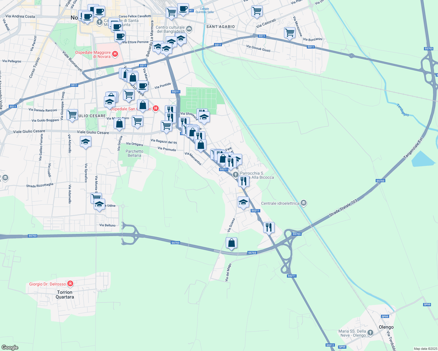 map of restaurants, bars, coffee shops, grocery stores, and more near 9 Via Nicolò Tommaseo in Novara
