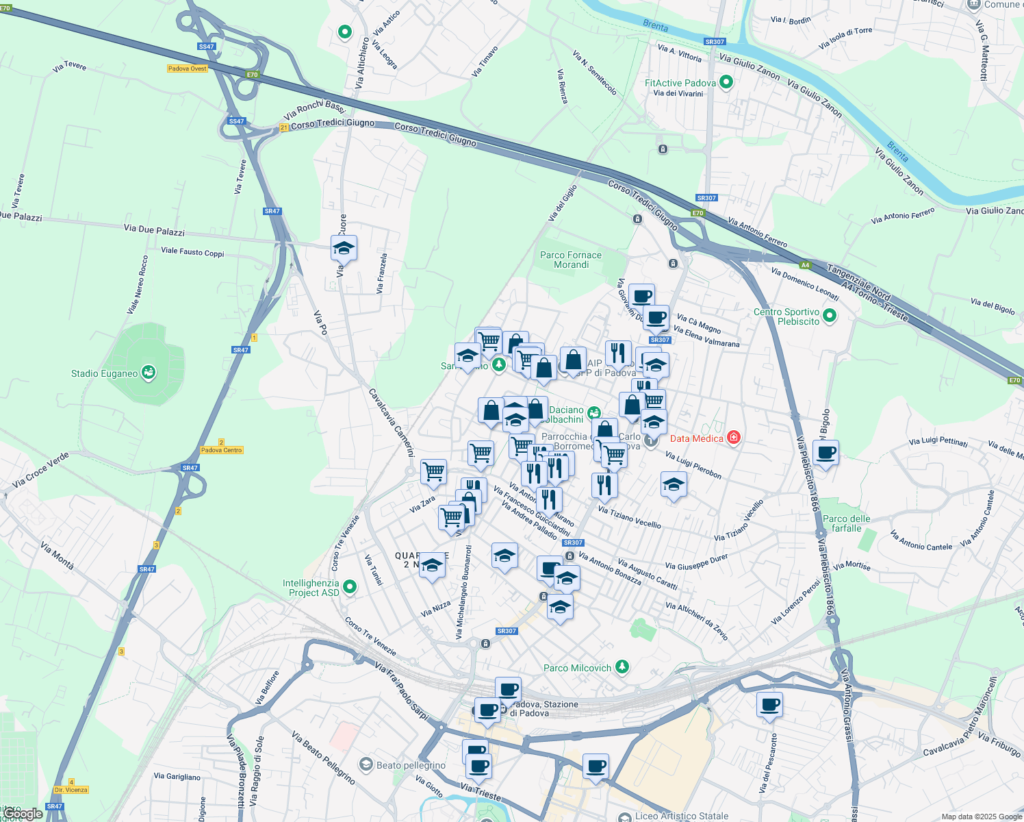 map of restaurants, bars, coffee shops, grocery stores, and more near 26 Via Giovanni Segantini in Padova
