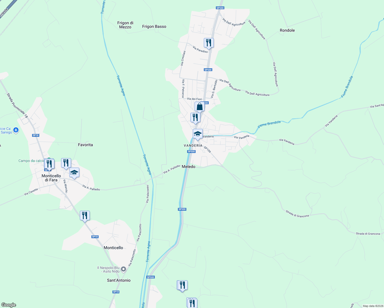 map of restaurants, bars, coffee shops, grocery stores, and more near 57 Via G. G. Trissino in Meledo