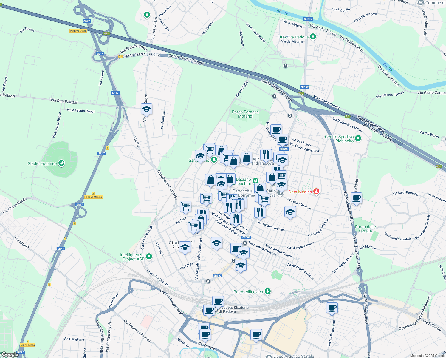 map of restaurants, bars, coffee shops, grocery stores, and more near 26 Via Giovanni Segantini in Padova