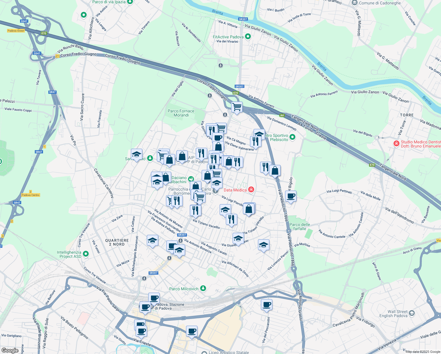 map of restaurants, bars, coffee shops, grocery stores, and more near 4 Via San Giuseppe Cottolengo in Padova