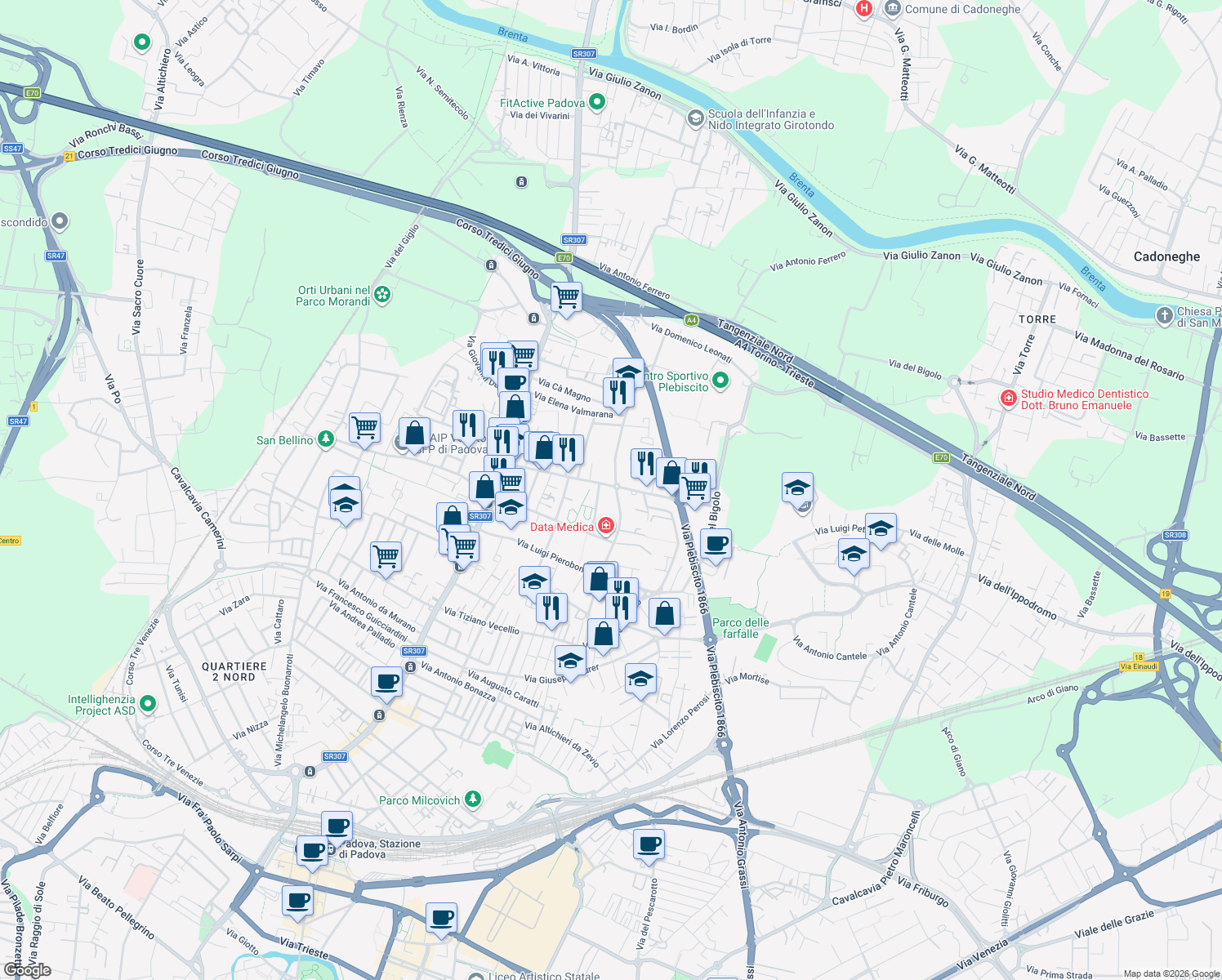 map of restaurants, bars, coffee shops, grocery stores, and more near 30 Via Cardinale Callegari in Padova