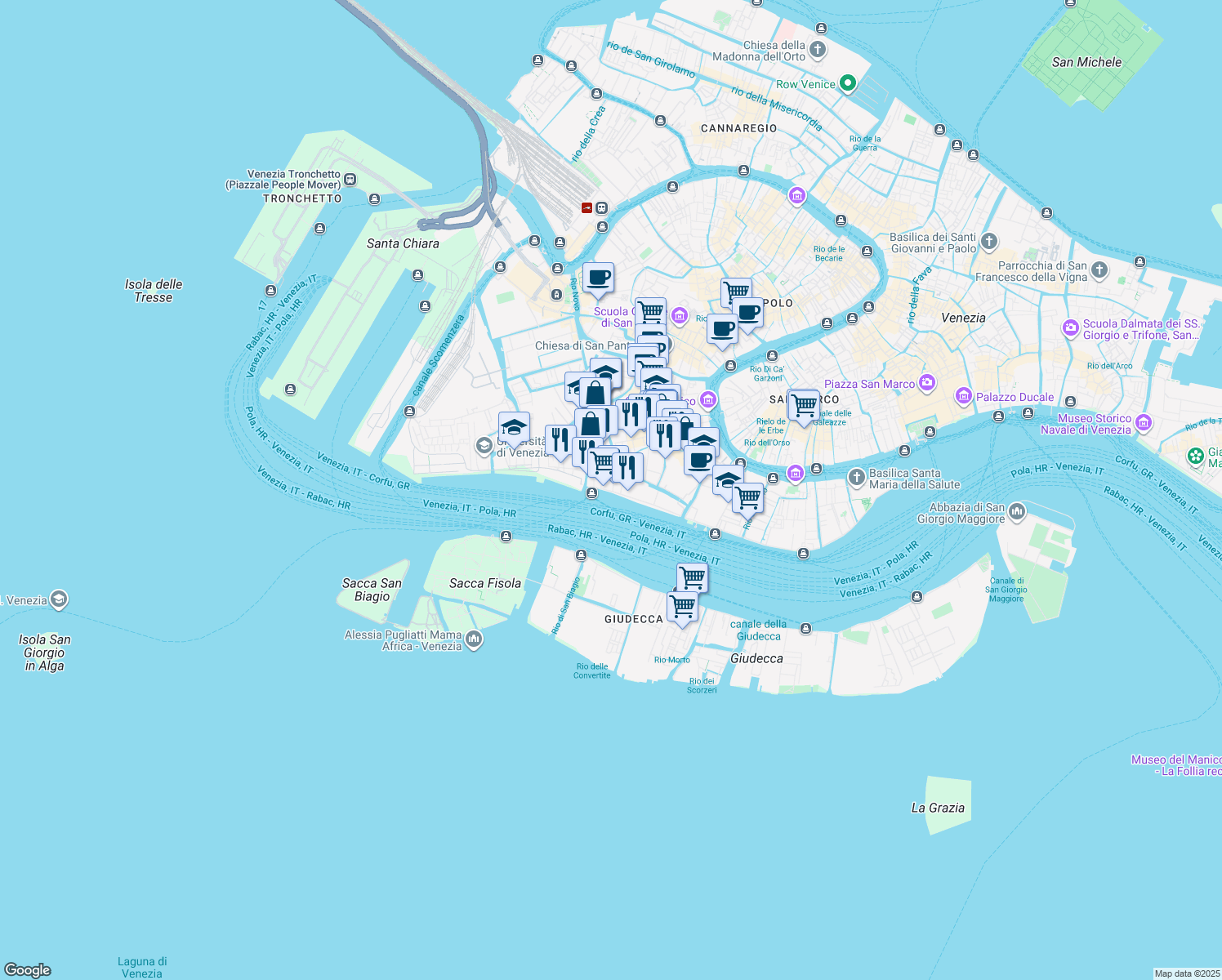 map of restaurants, bars, coffee shops, grocery stores, and more near Sestiere di Dorsoduro in Venice