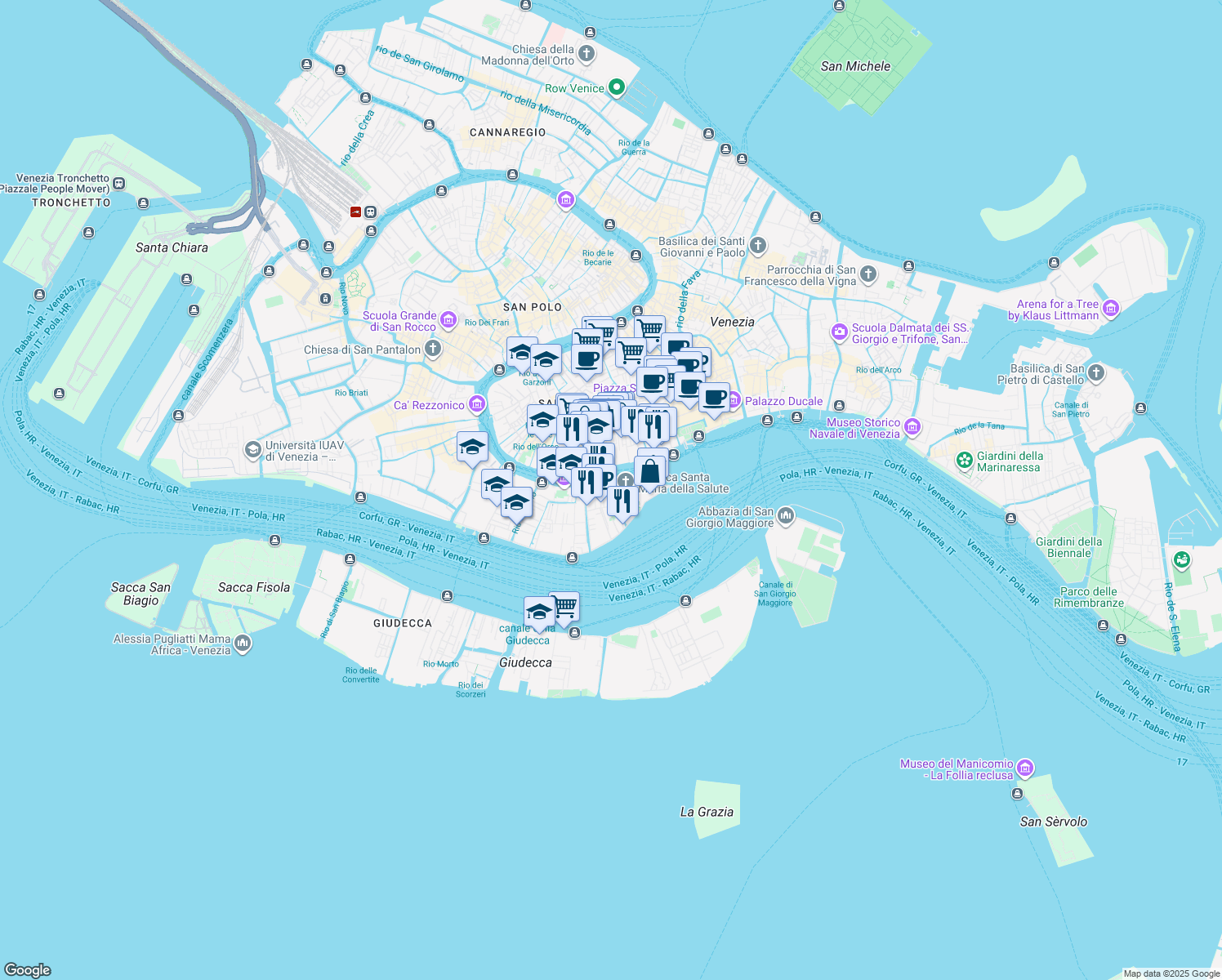 map of restaurants, bars, coffee shops, grocery stores, and more near Sestiere di Dorsoduro in Venice