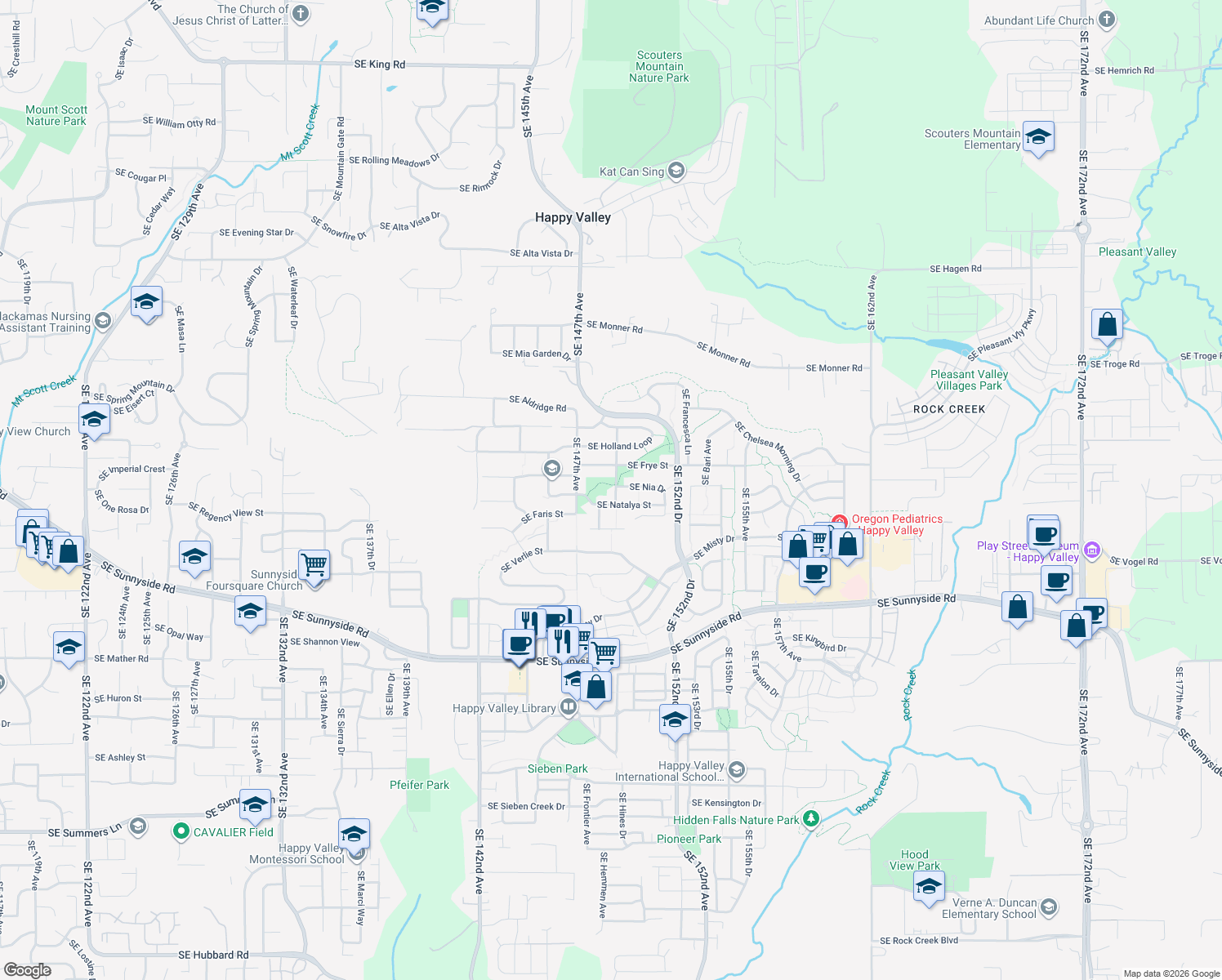 map of restaurants, bars, coffee shops, grocery stores, and more near Southeast Sonora Way in Happy Valley