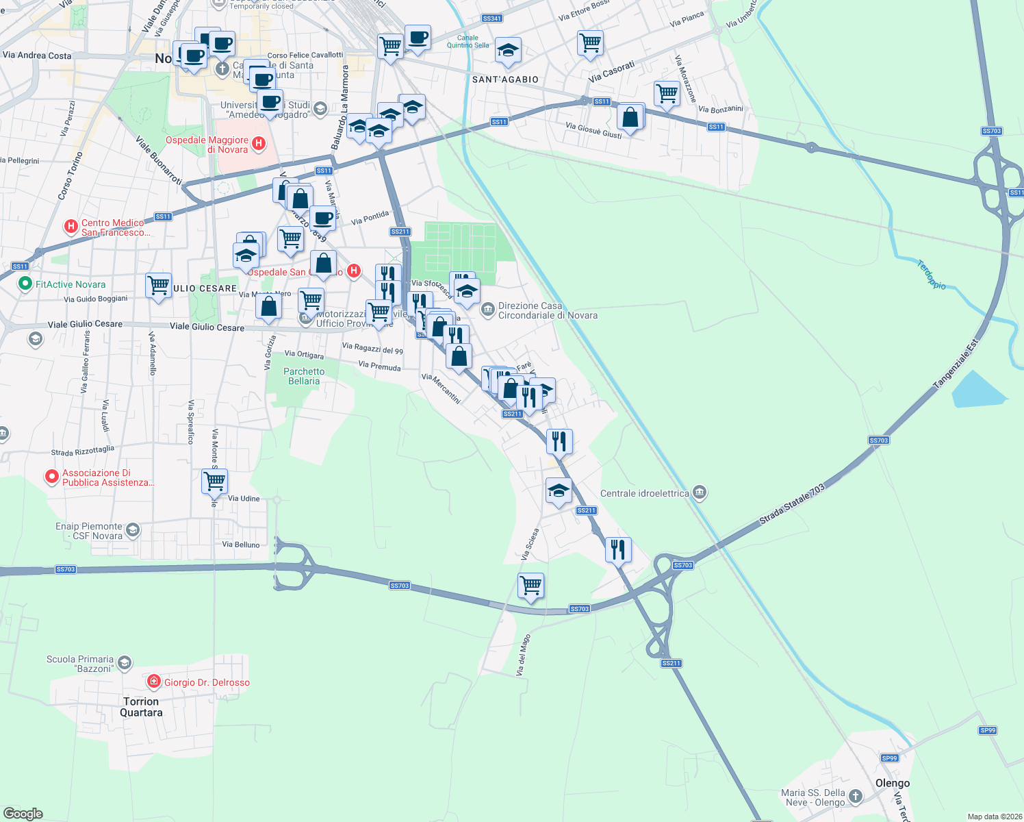 map of restaurants, bars, coffee shops, grocery stores, and more near 93 Via Sforzesca in Novara
