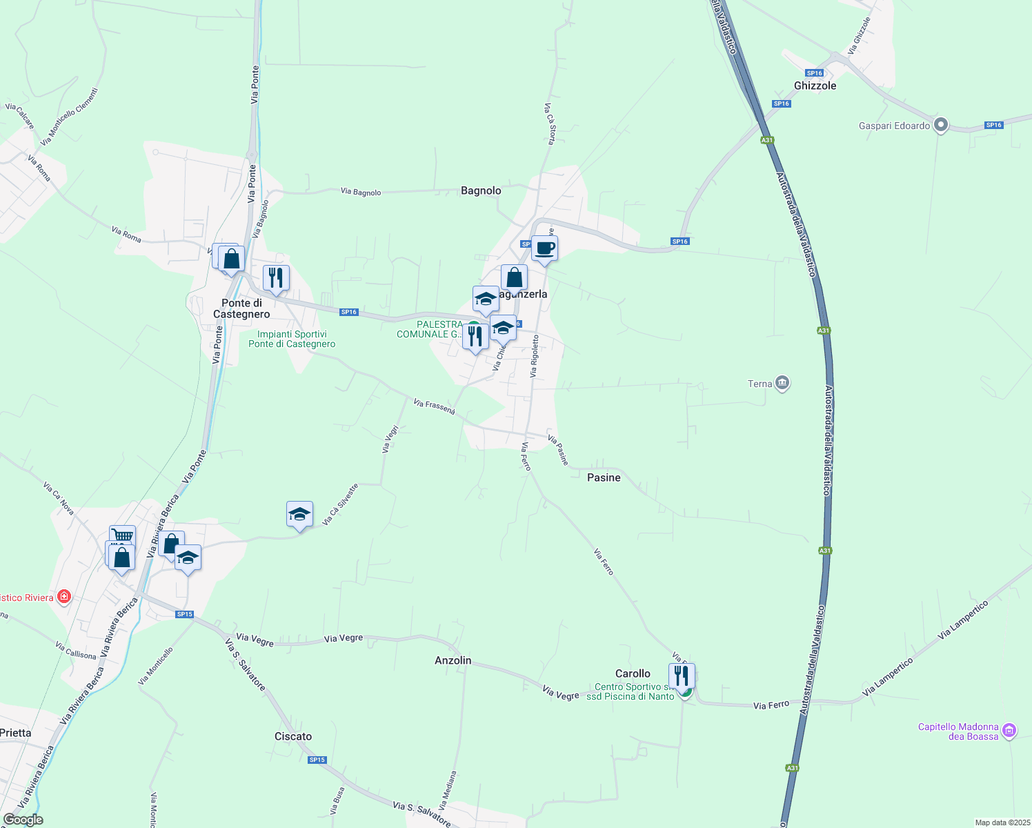 map of restaurants, bars, coffee shops, grocery stores, and more near 21 Via Ottorino Sanvido in Provincia di Vicenza