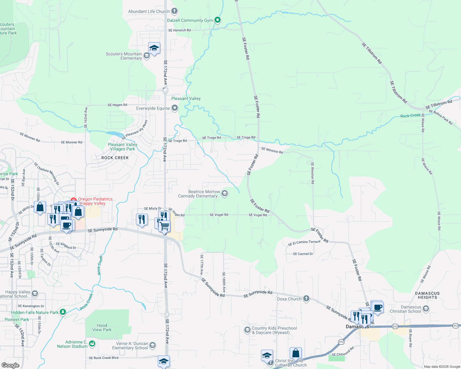 map of restaurants, bars, coffee shops, grocery stores, and more near 17721 Southeast Vogel Court in Damascus