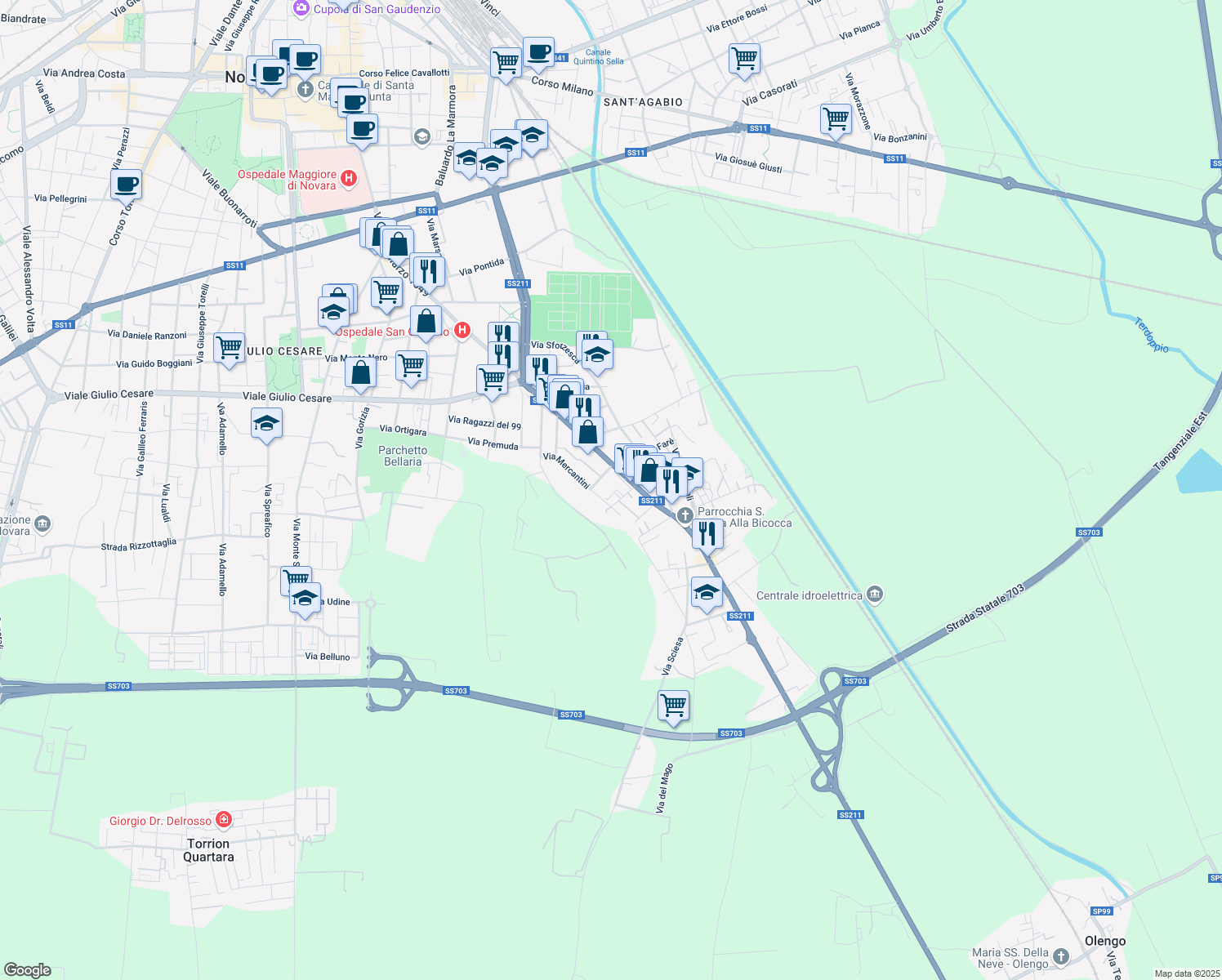 map of restaurants, bars, coffee shops, grocery stores, and more near 5 Via Silvio Spaventa in Novara