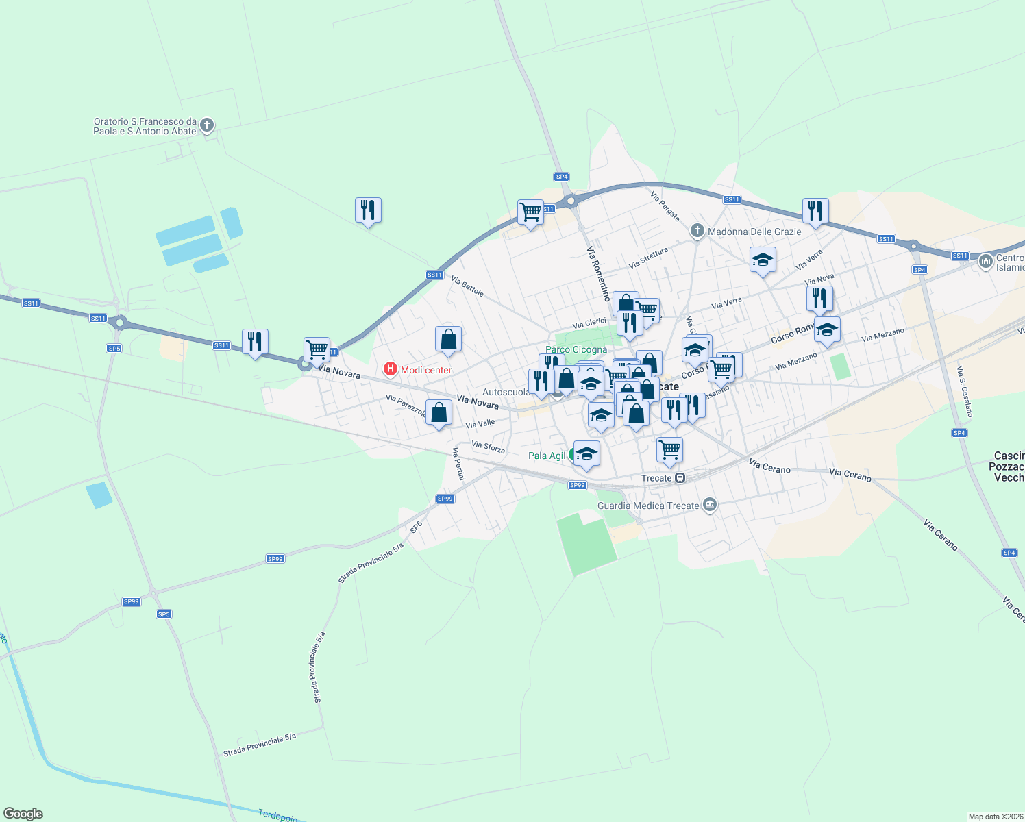 map of restaurants, bars, coffee shops, grocery stores, and more near 39 Via Novara in Trecate