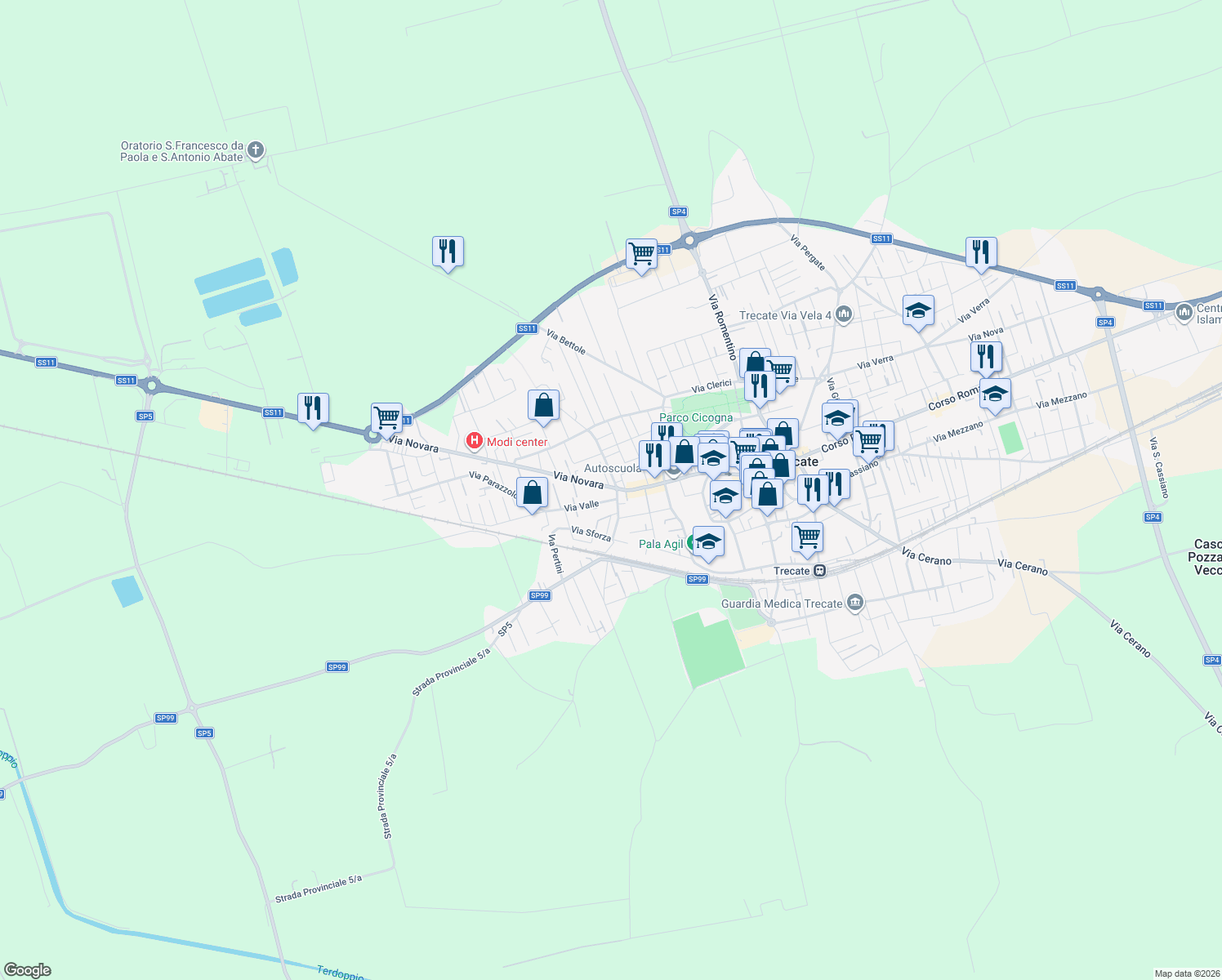 map of restaurants, bars, coffee shops, grocery stores, and more near 39 Via Novara in Trecate