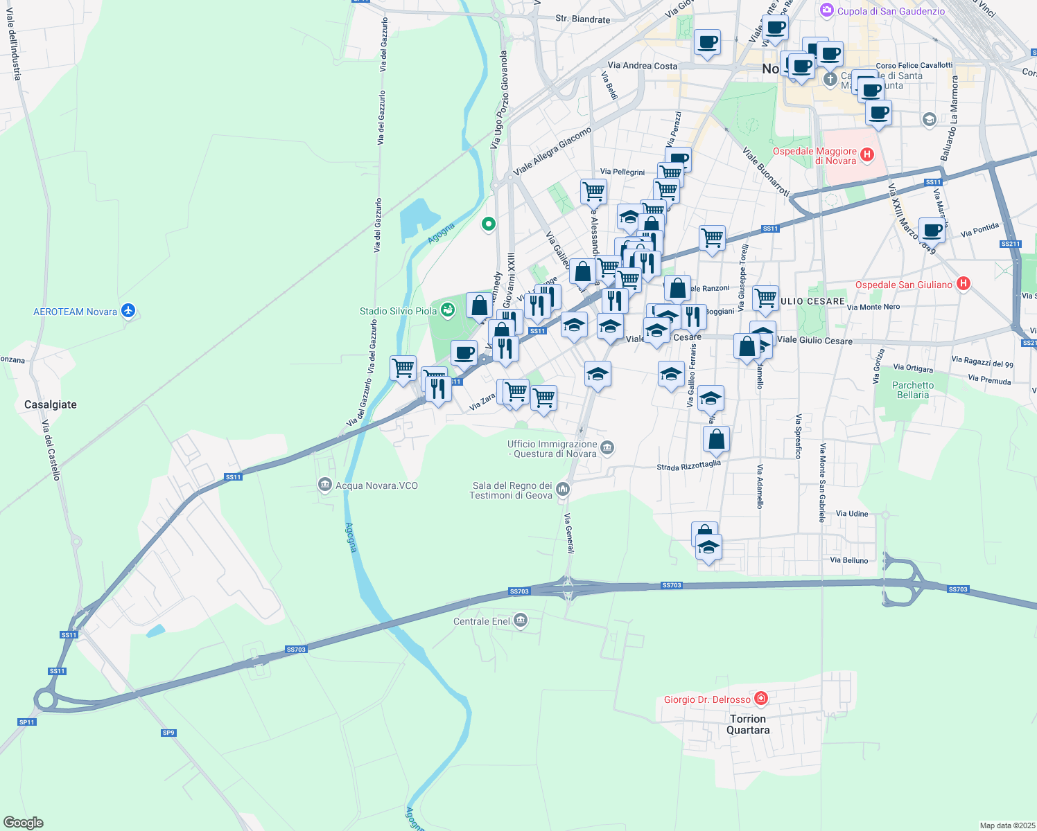 map of restaurants, bars, coffee shops, grocery stores, and more near 25 Via Pola in Novara