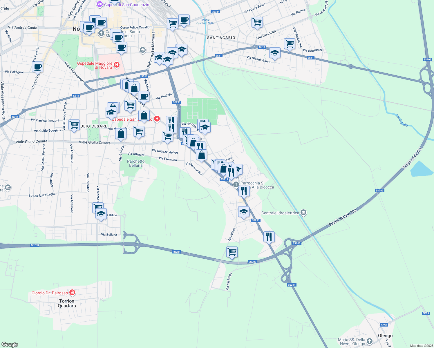 map of restaurants, bars, coffee shops, grocery stores, and more near 229 Via XXIII Marzo 1849 in Novara
