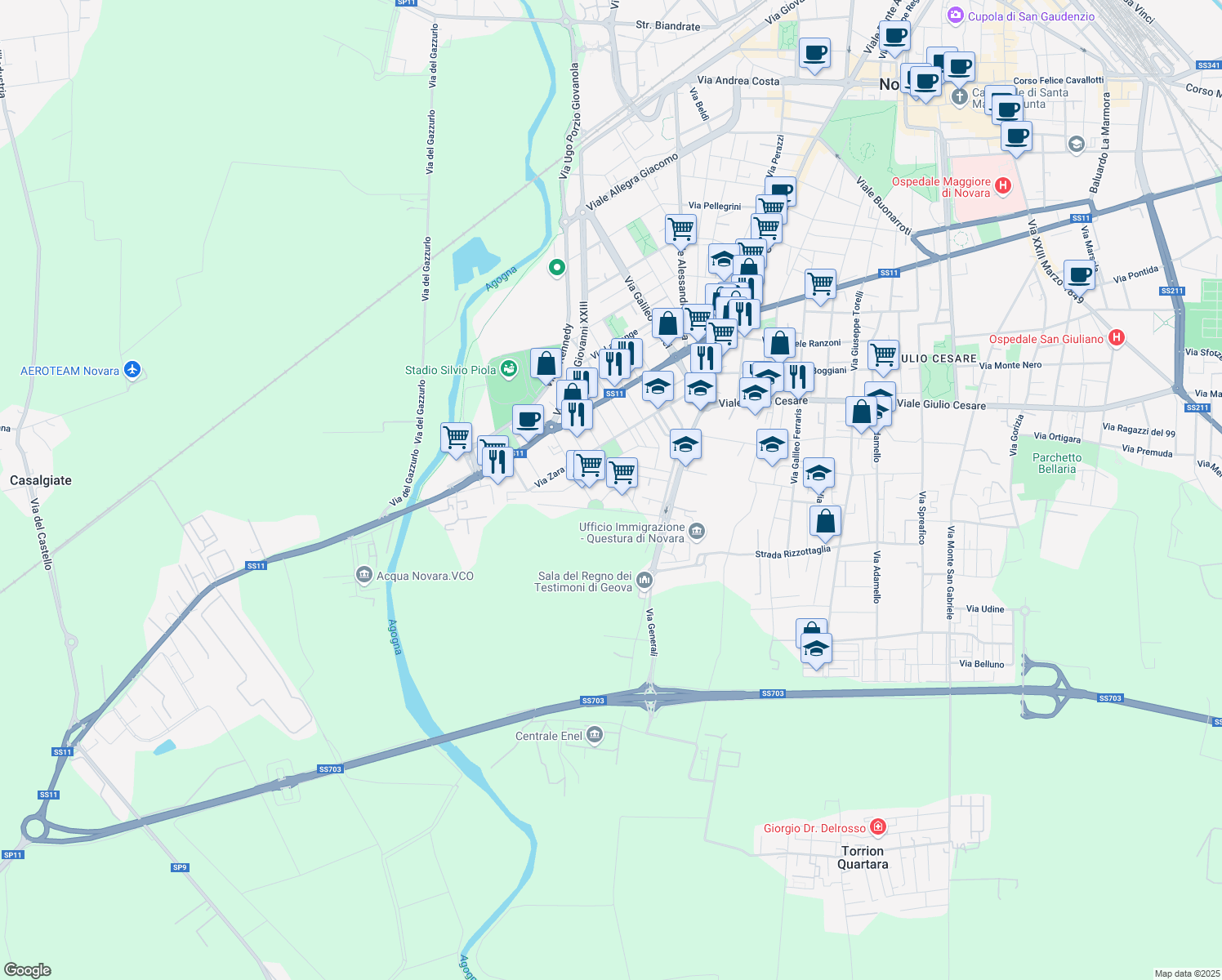 map of restaurants, bars, coffee shops, grocery stores, and more near 25 Via Pola in Novara