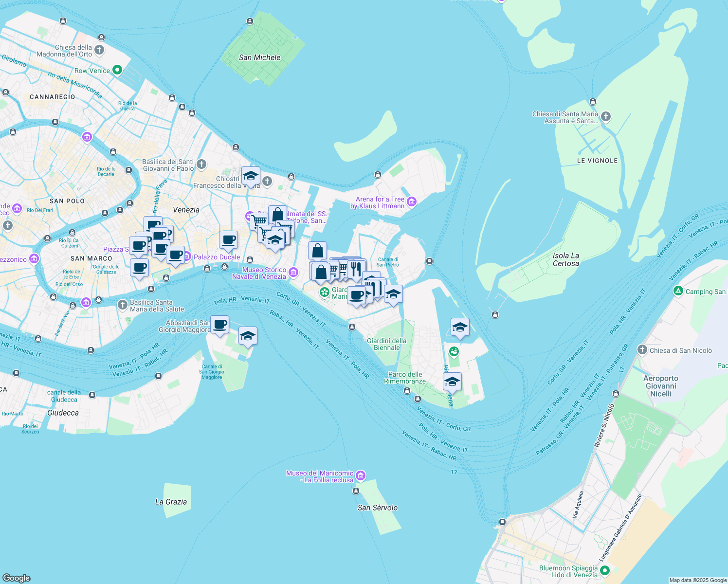 map of restaurants, bars, coffee shops, grocery stores, and more near Calle Ancore in Venice