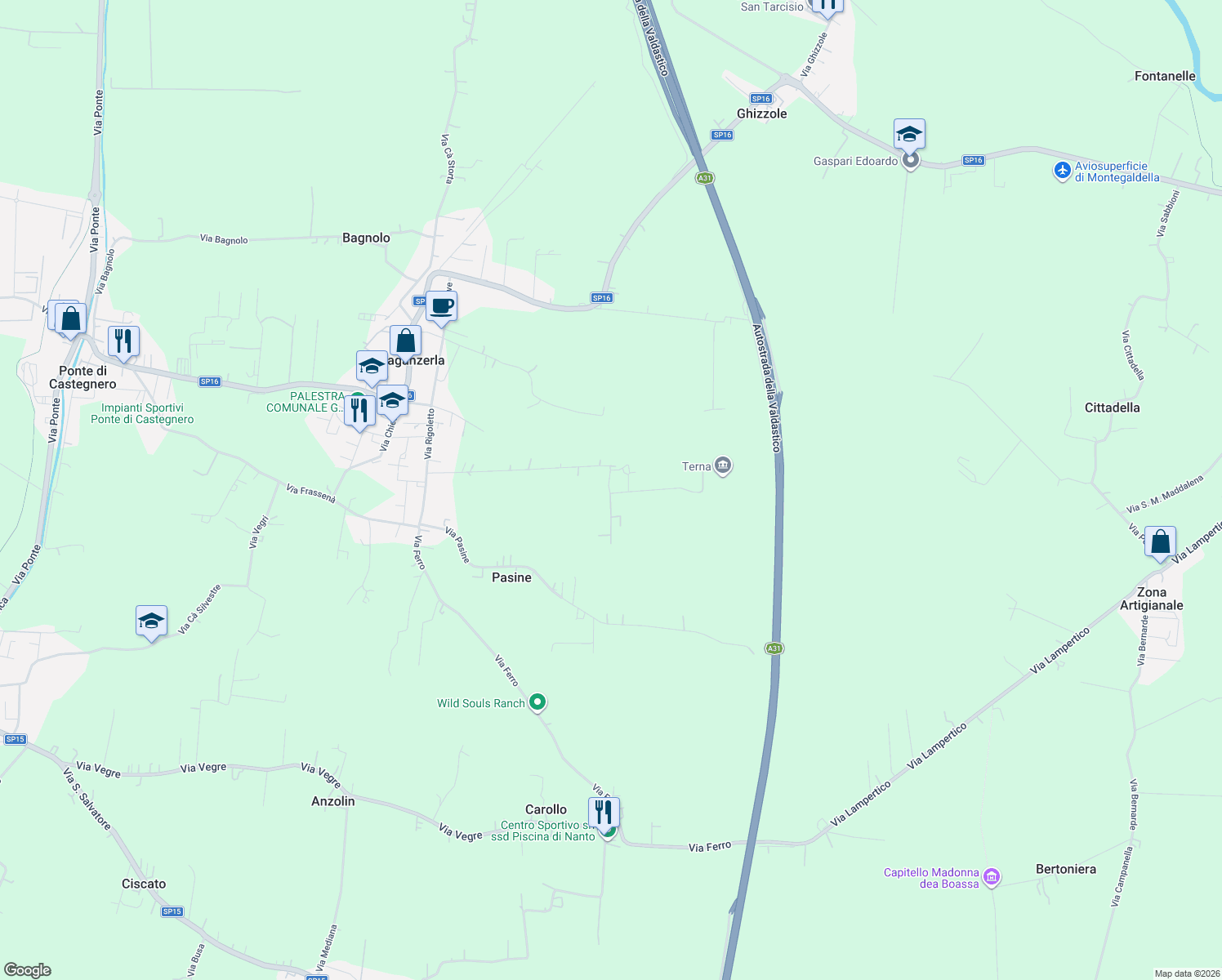 map of restaurants, bars, coffee shops, grocery stores, and more near 55 Via Volpara in Provincia di Vicenza