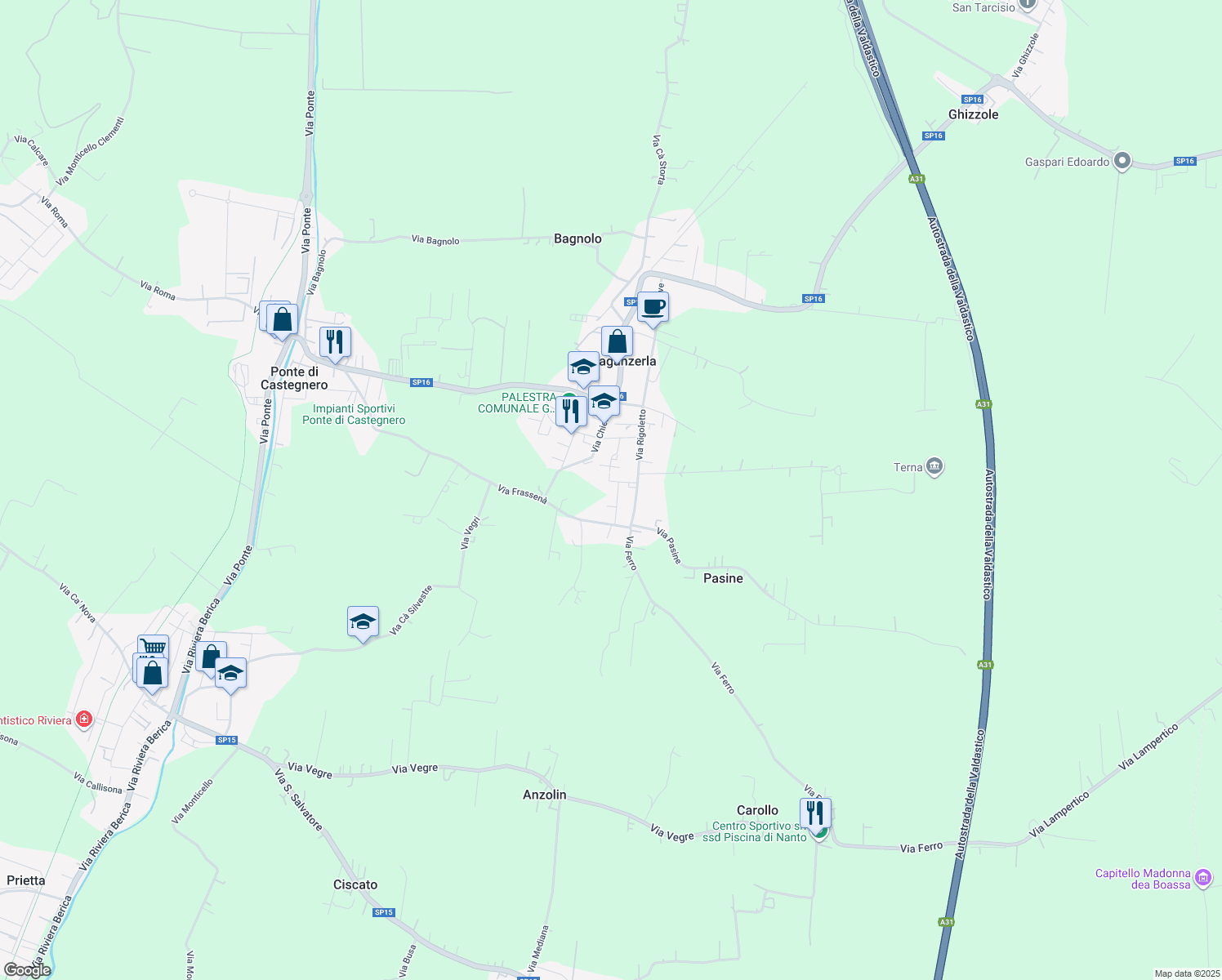 map of restaurants, bars, coffee shops, grocery stores, and more near 21 Via Ottorino Sanvido in Provincia di Vicenza