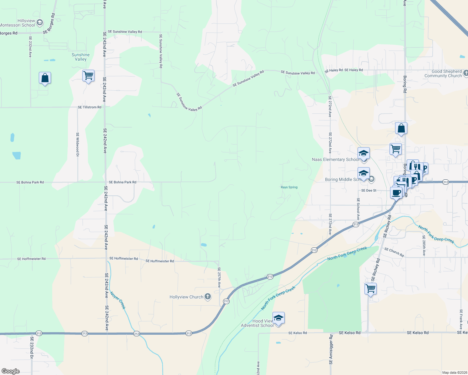 map of restaurants, bars, coffee shops, grocery stores, and more near 12840 Southeast 257th Avenue in Damascus