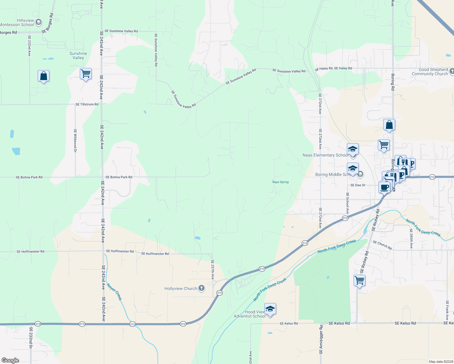 map of restaurants, bars, coffee shops, grocery stores, and more near 12840 Southeast 257th Avenue in Damascus