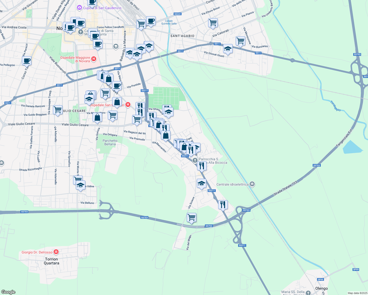 map of restaurants, bars, coffee shops, grocery stores, and more near 229 Corso XXIII Marzo in Novara