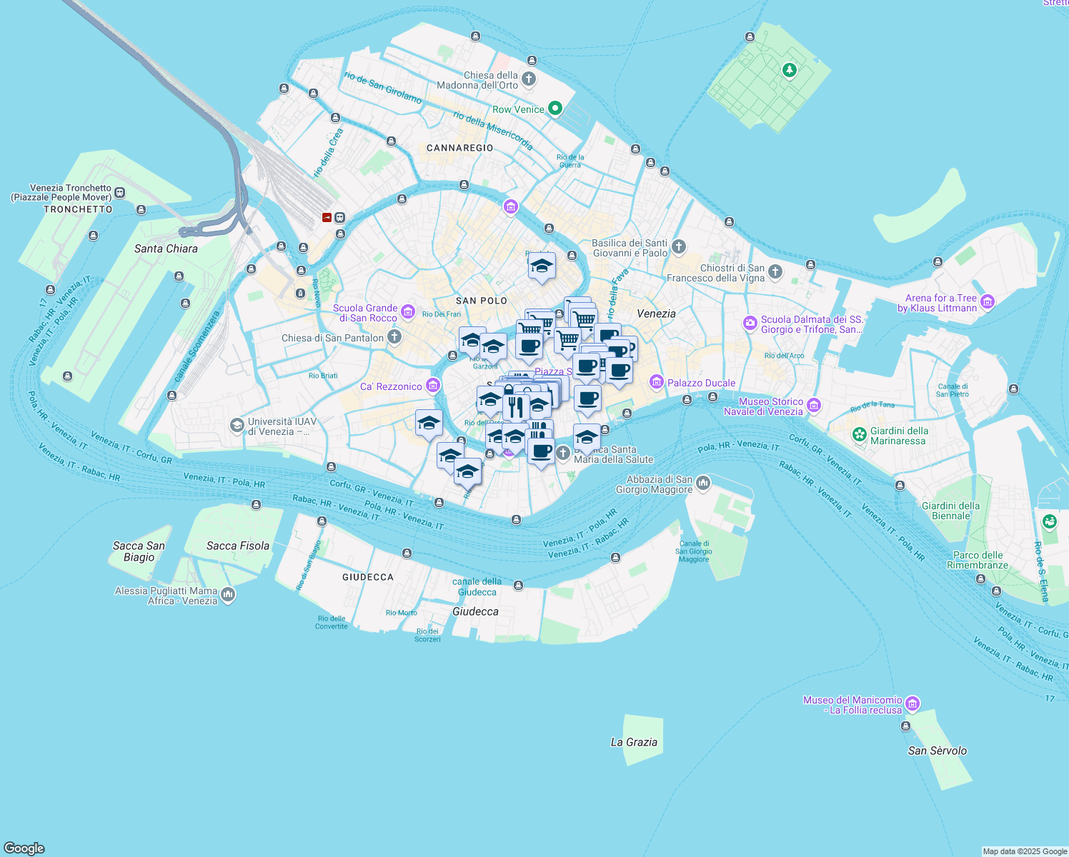 map of restaurants, bars, coffee shops, grocery stores, and more near Campiello Traghetto in Venice