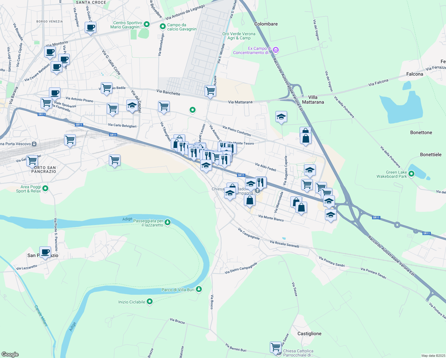 map of restaurants, bars, coffee shops, grocery stores, and more near 23 Via Caterino Davila in Verona