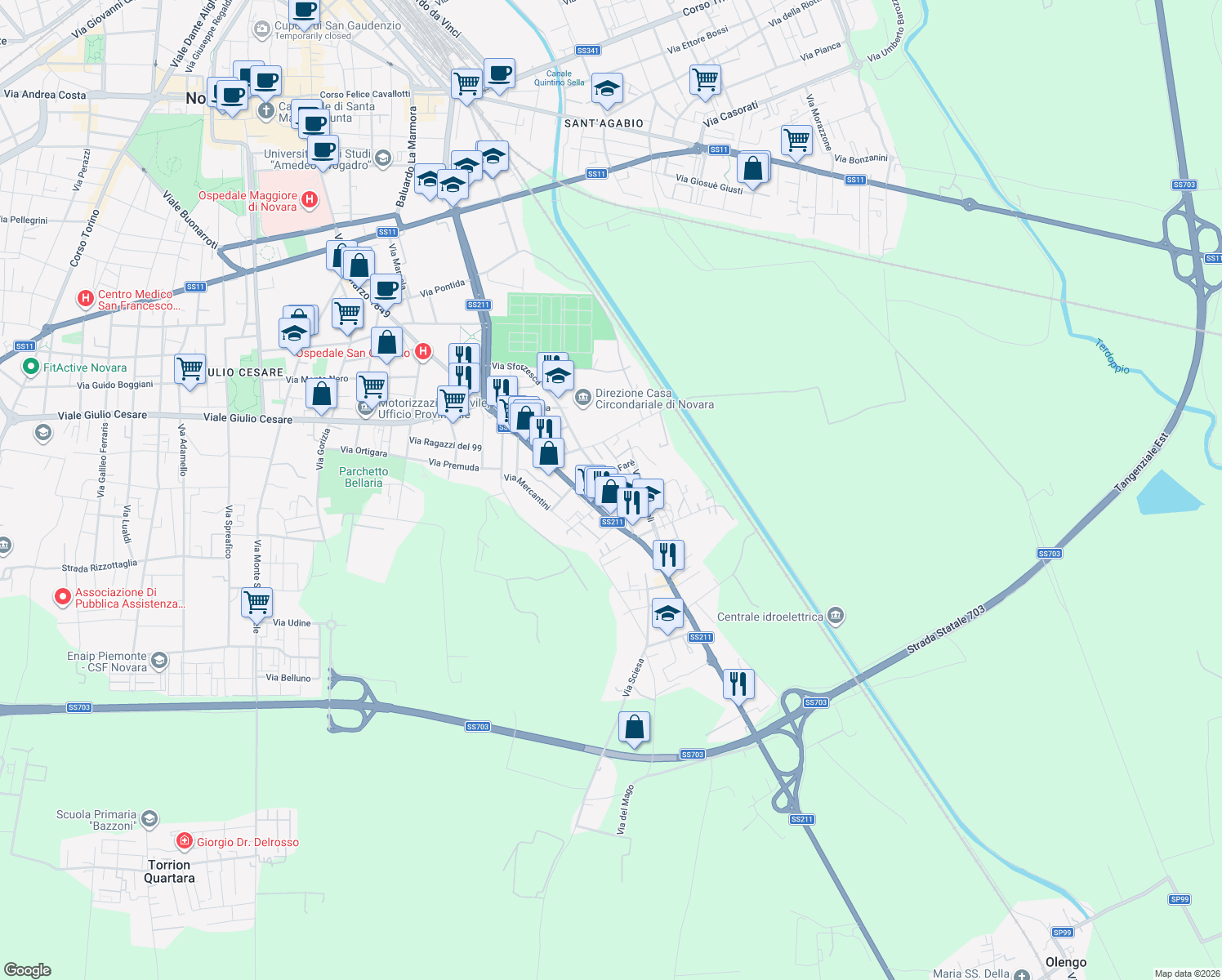 map of restaurants, bars, coffee shops, grocery stores, and more near 85-93 Via Sforzesca in Novara