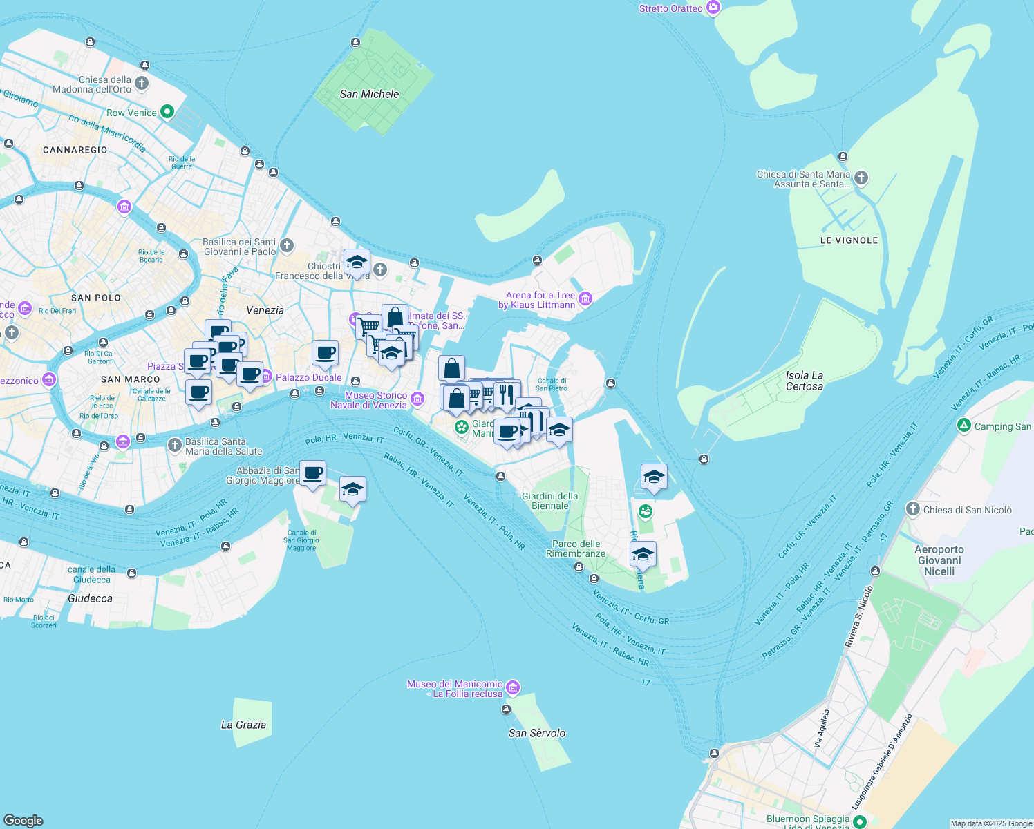 map of restaurants, bars, coffee shops, grocery stores, and more near Calle Ancore in Venice