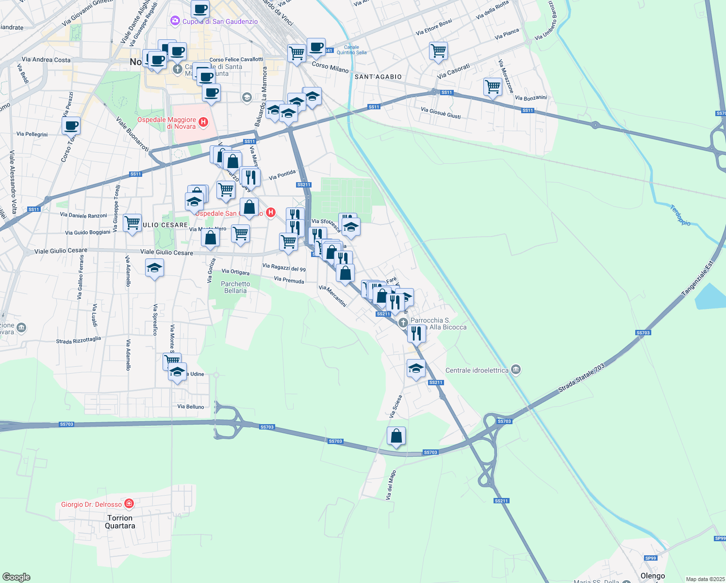 map of restaurants, bars, coffee shops, grocery stores, and more near 3-5 Via Silvio Spaventa in Novara