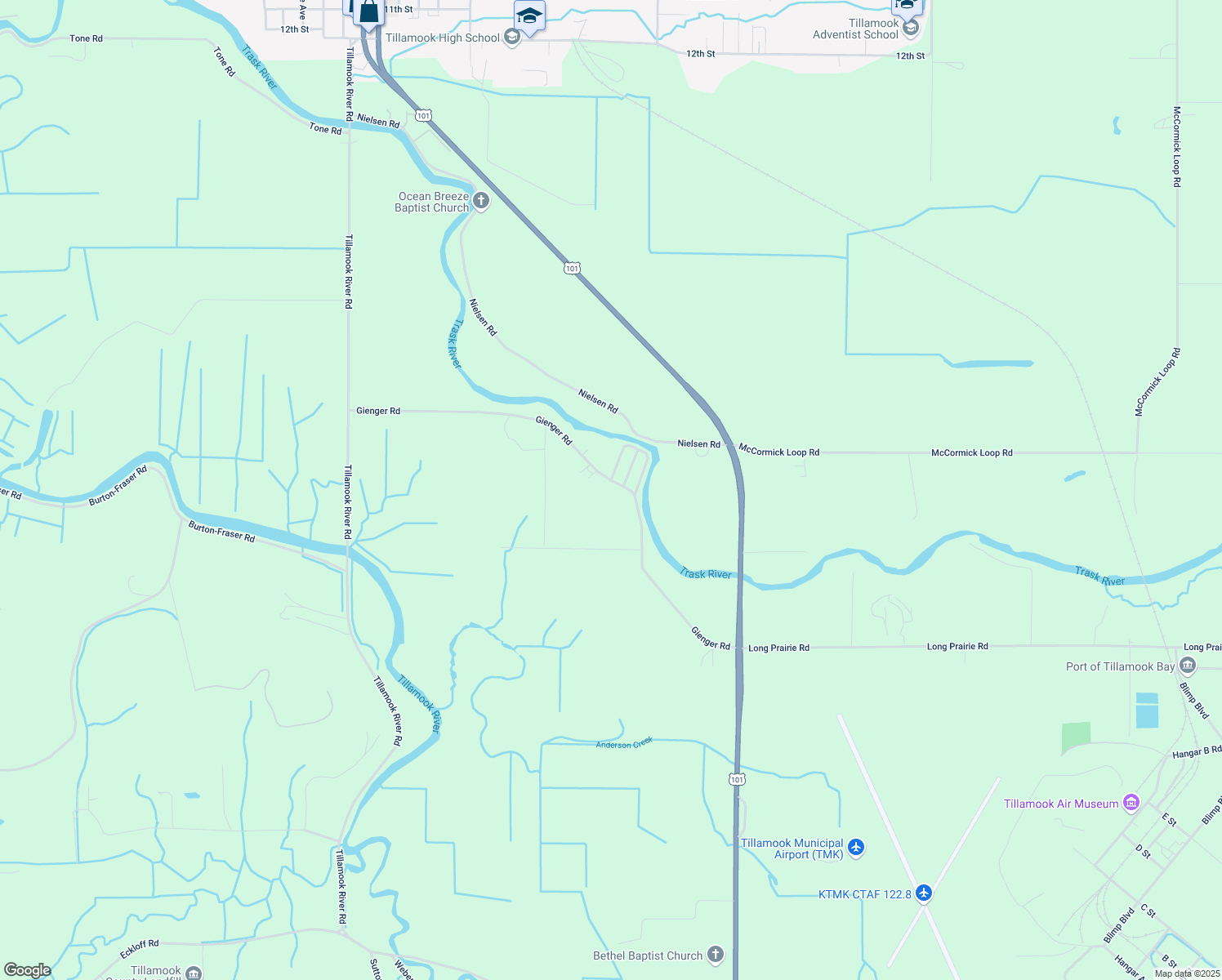 map of restaurants, bars, coffee shops, grocery stores, and more near 3315 Gienger Road in Tillamook