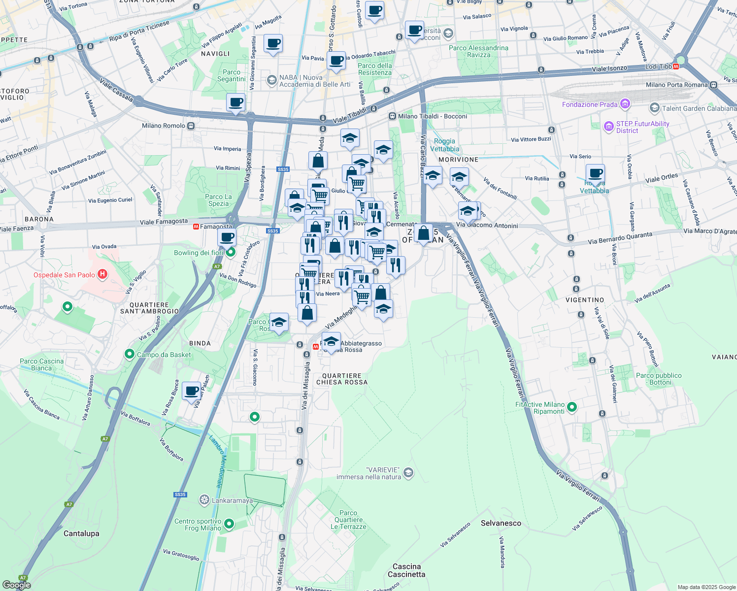 map of restaurants, bars, coffee shops, grocery stores, and more near 25 Via Roberto Sarfatti in Milano