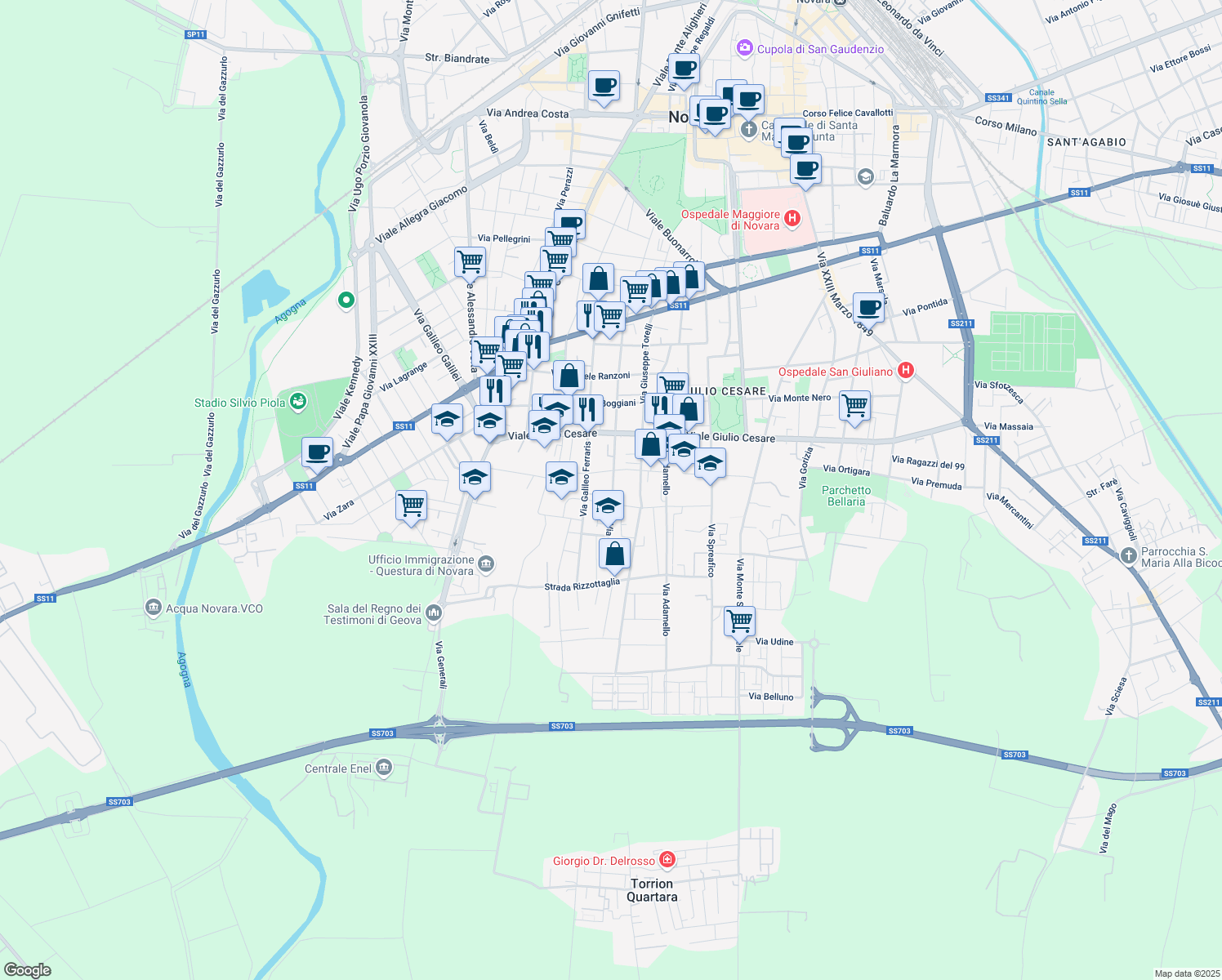 map of restaurants, bars, coffee shops, grocery stores, and more near 50 Via Crespi in Novara
