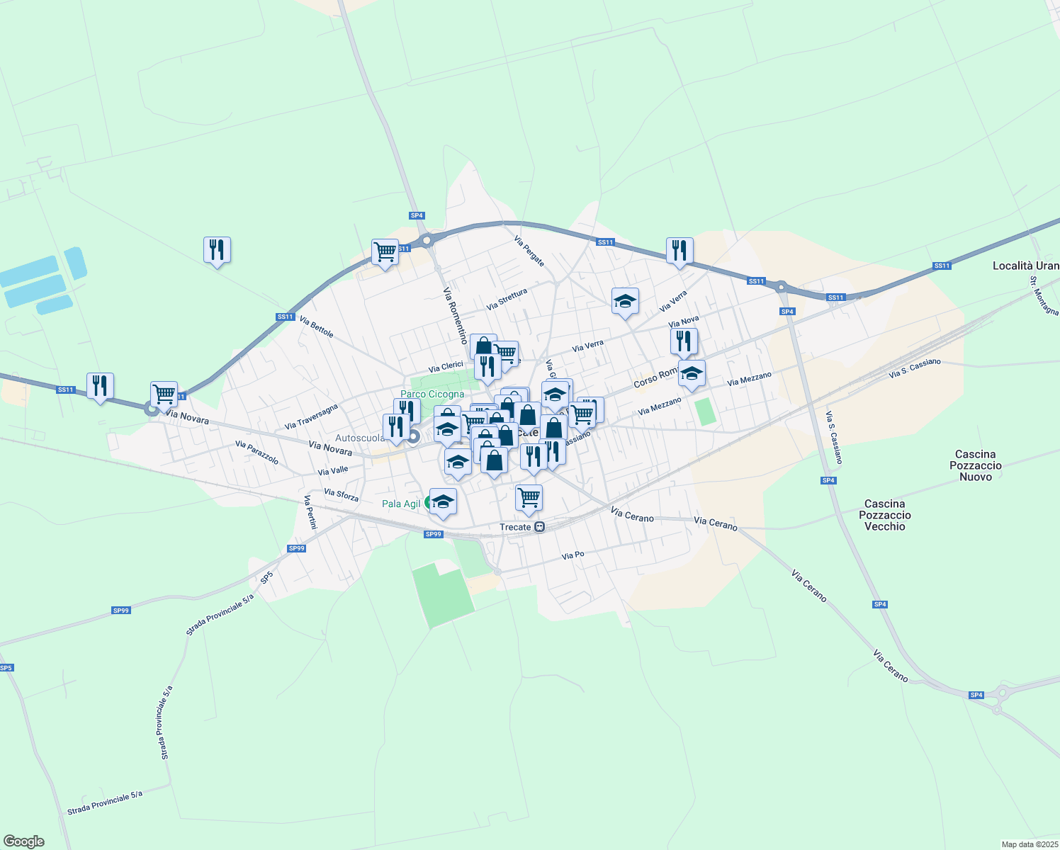 map of restaurants, bars, coffee shops, grocery stores, and more near 6 Via Madonnina in Trecate