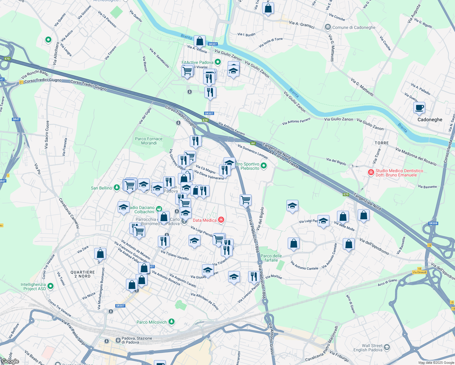 map of restaurants, bars, coffee shops, grocery stores, and more near 31 Via Libero Benedetti in Padova