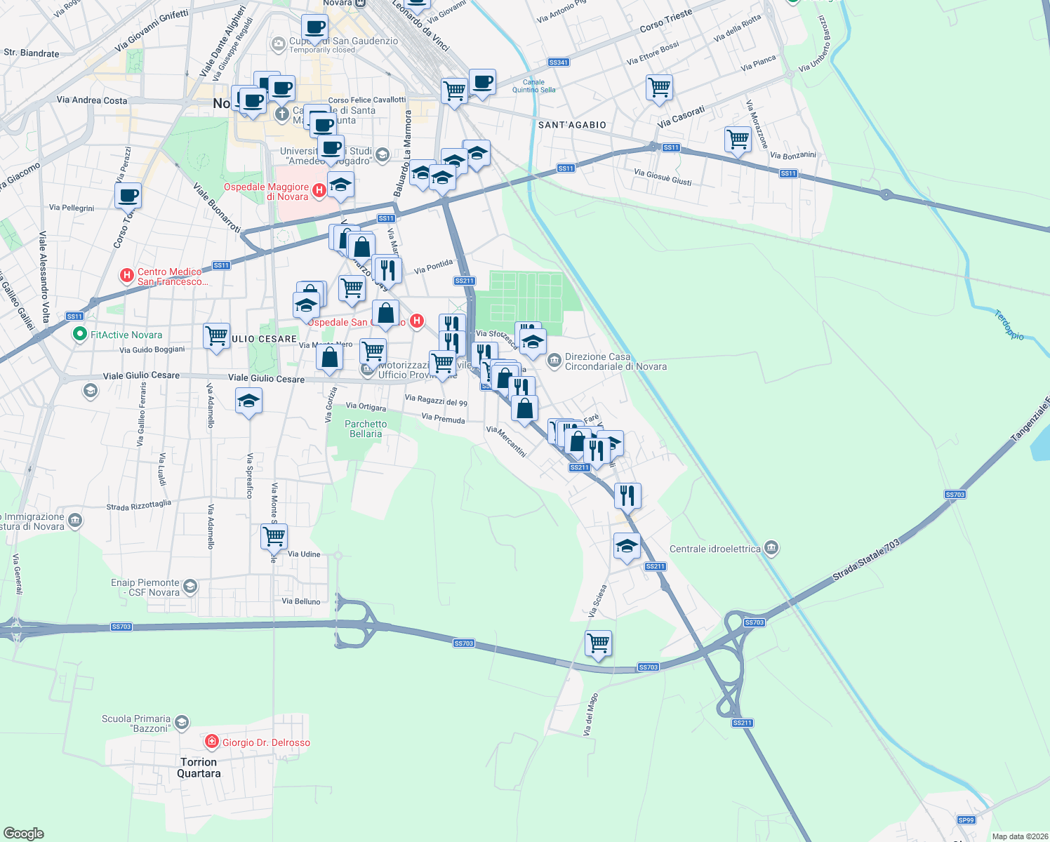 map of restaurants, bars, coffee shops, grocery stores, and more near 216 Corso XXIII Marzo in Novara