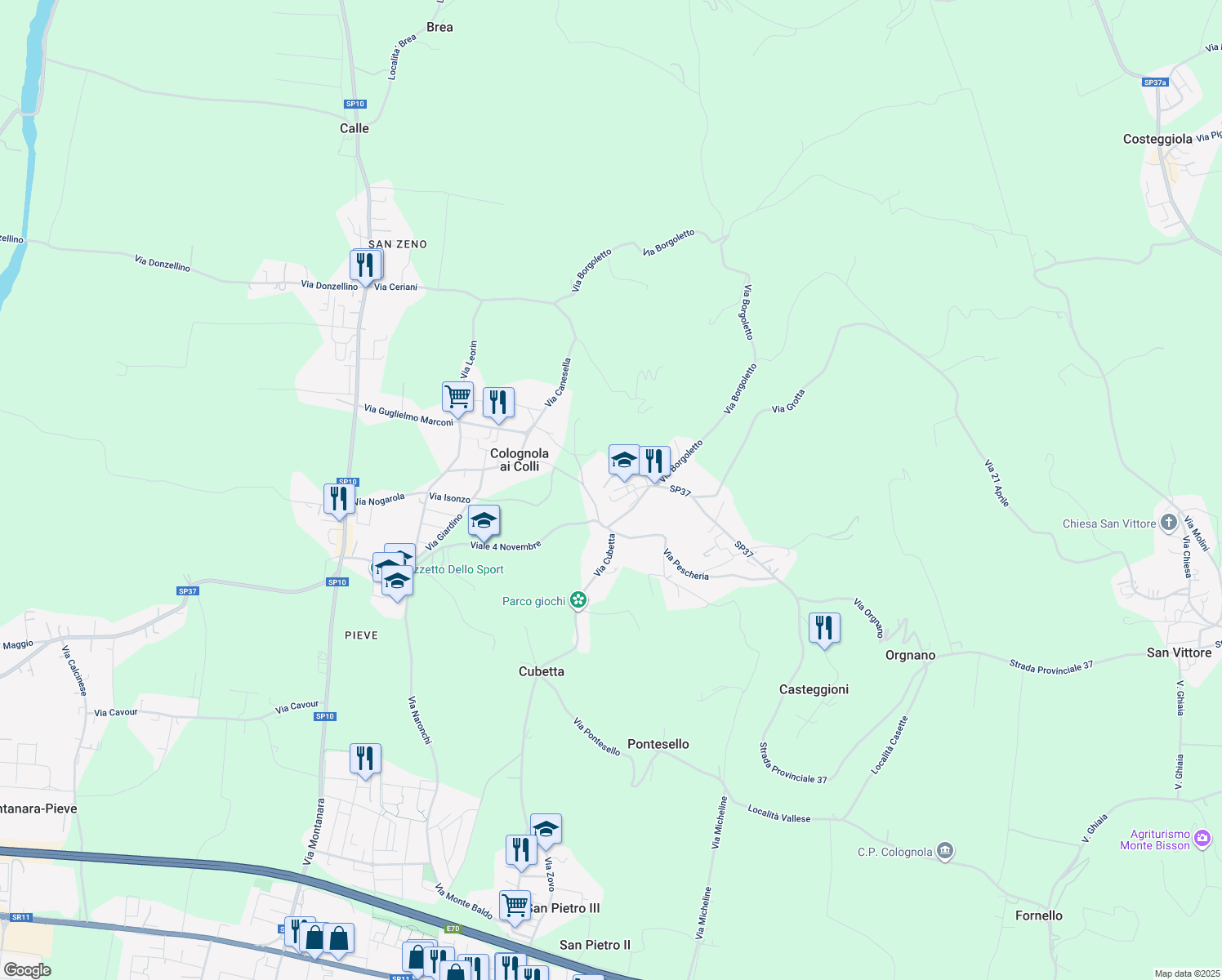 map of restaurants, bars, coffee shops, grocery stores, and more near 3 Via San Biagio in Colognola Ai Colli