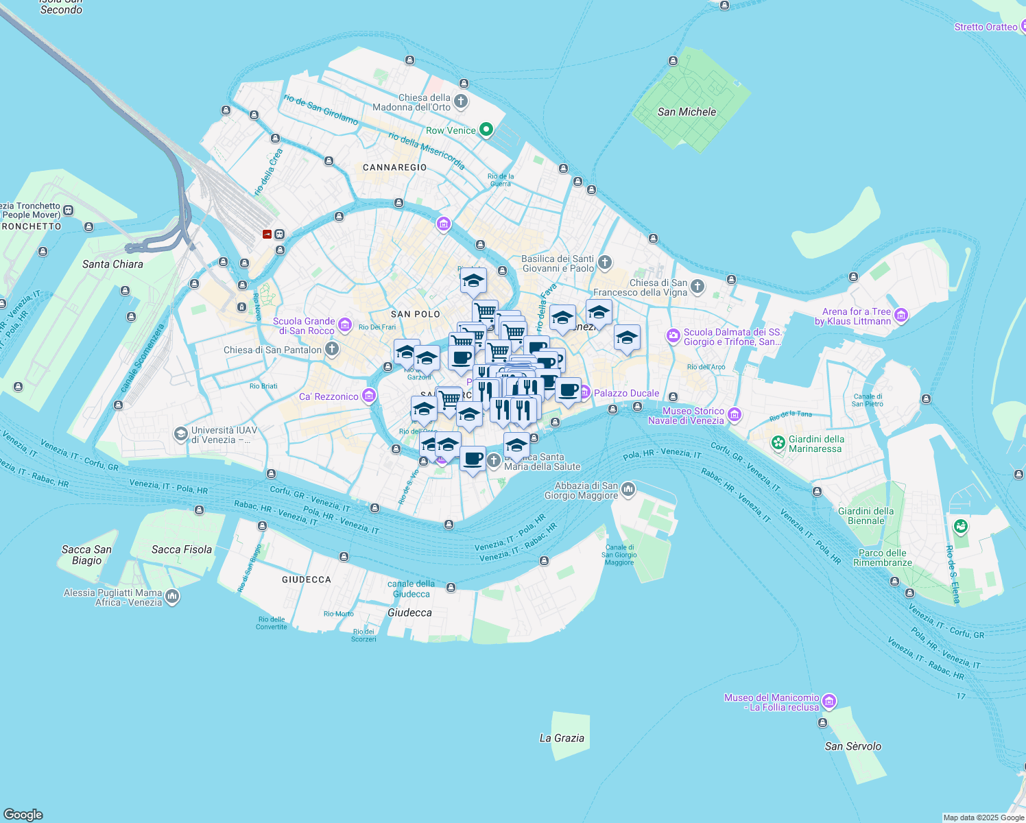 map of restaurants, bars, coffee shops, grocery stores, and more near 1471 Piazza San Marco in Venezia
