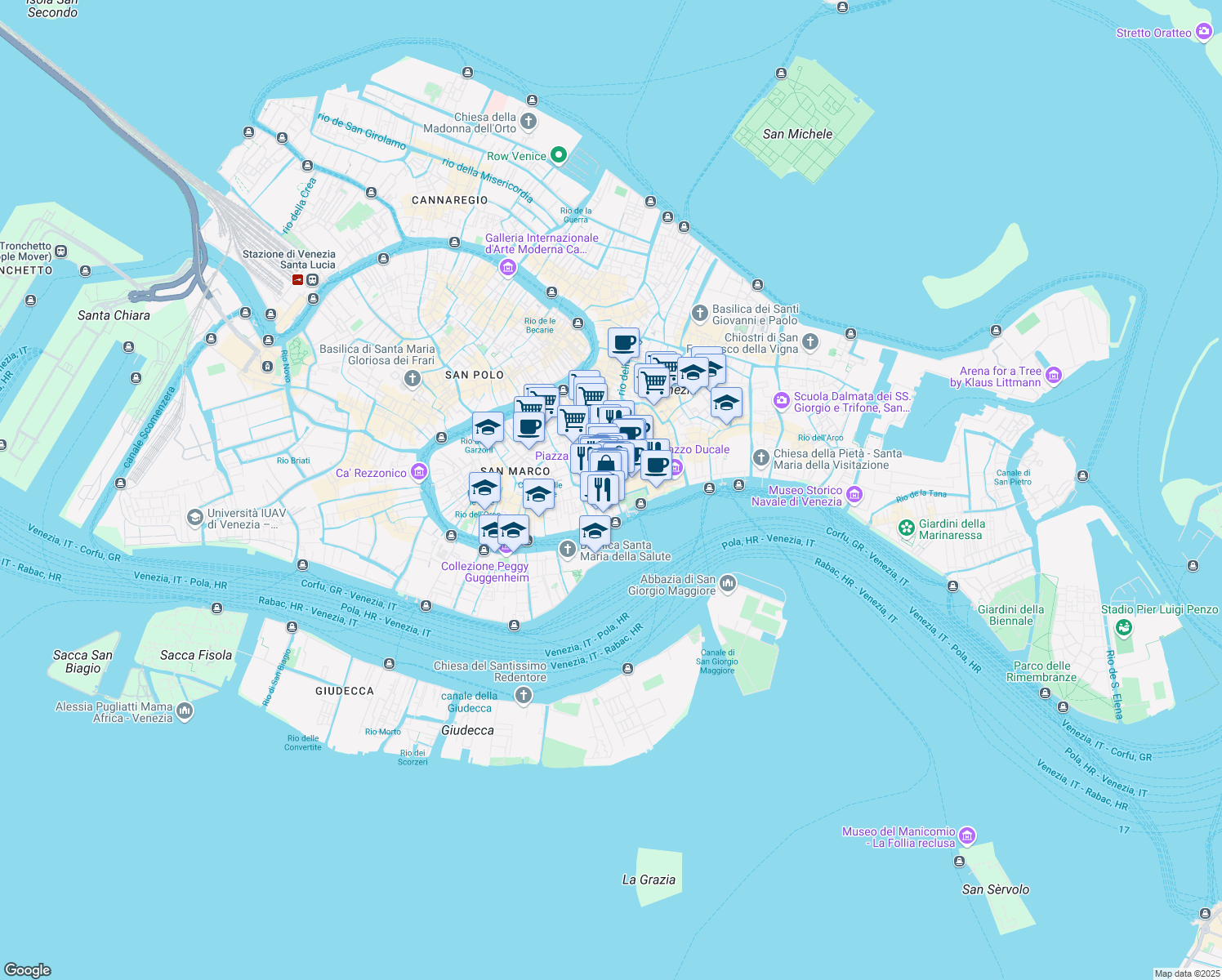 map of restaurants, bars, coffee shops, grocery stores, and more near 1254/A Sestiere di San Marco in Venezia