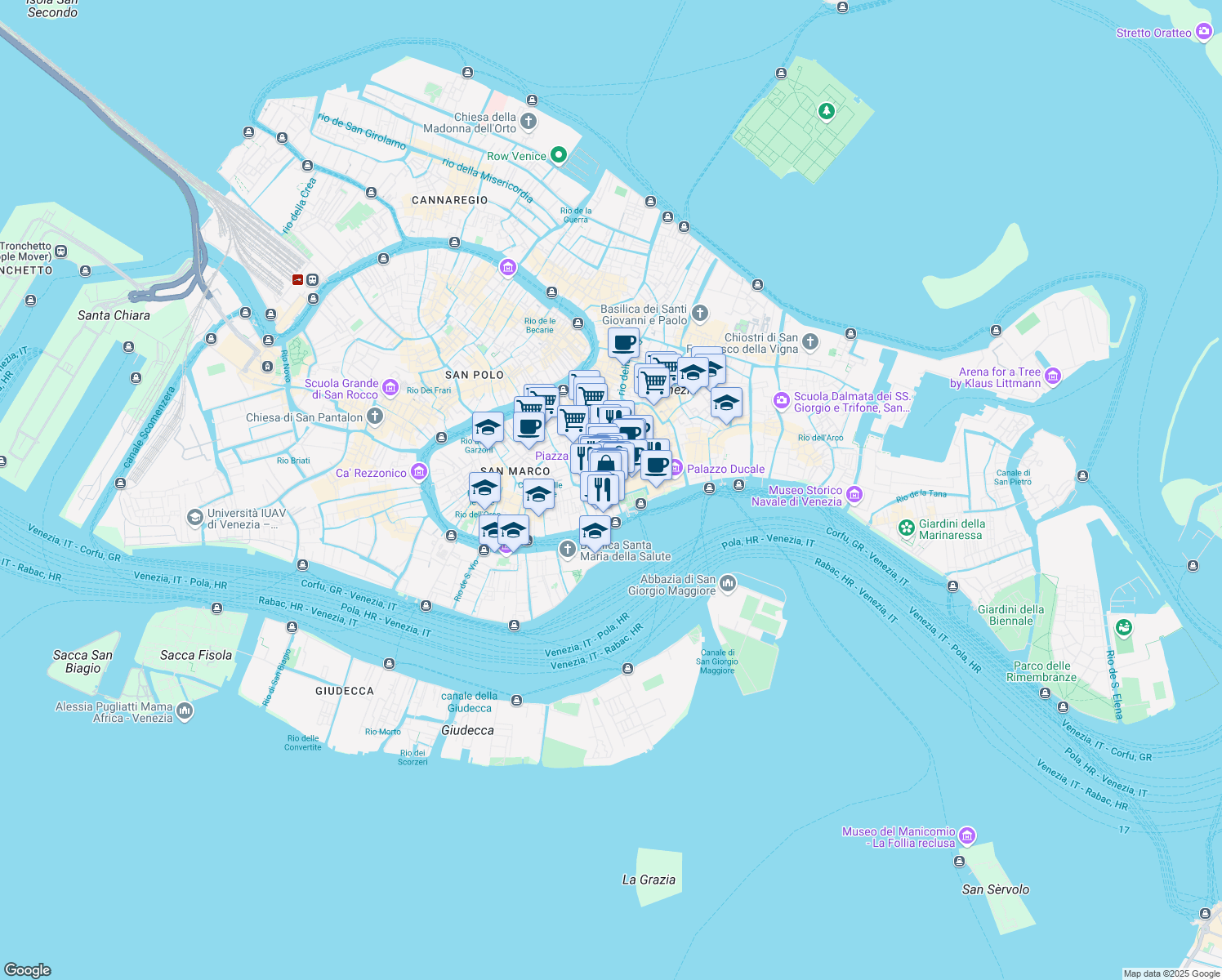 map of restaurants, bars, coffee shops, grocery stores, and more near 1254/A Sestiere di San Marco in Venezia