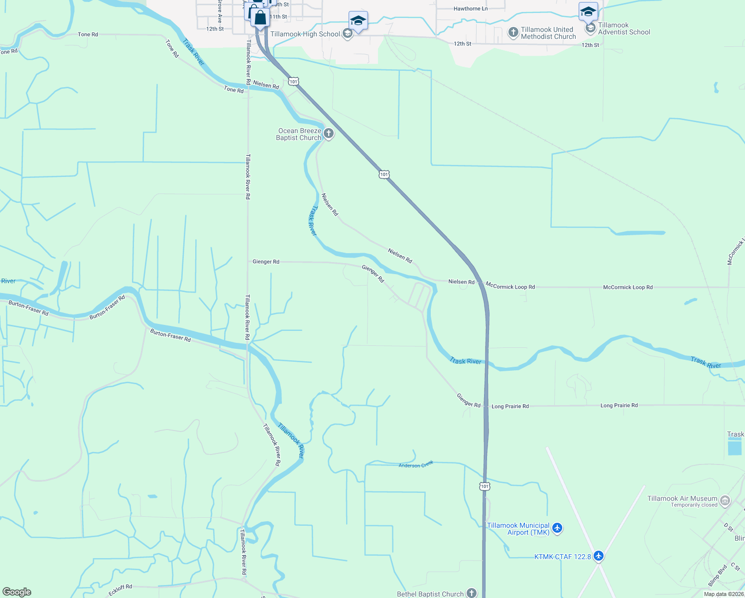 map of restaurants, bars, coffee shops, grocery stores, and more near 3125 Fitzpatrick Road in Tillamook
