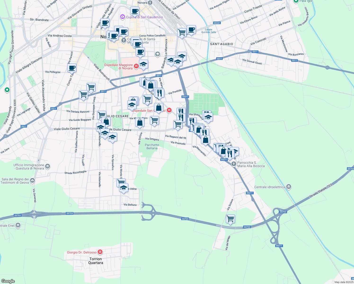 map of restaurants, bars, coffee shops, grocery stores, and more near 11 Via Premuda in Novara