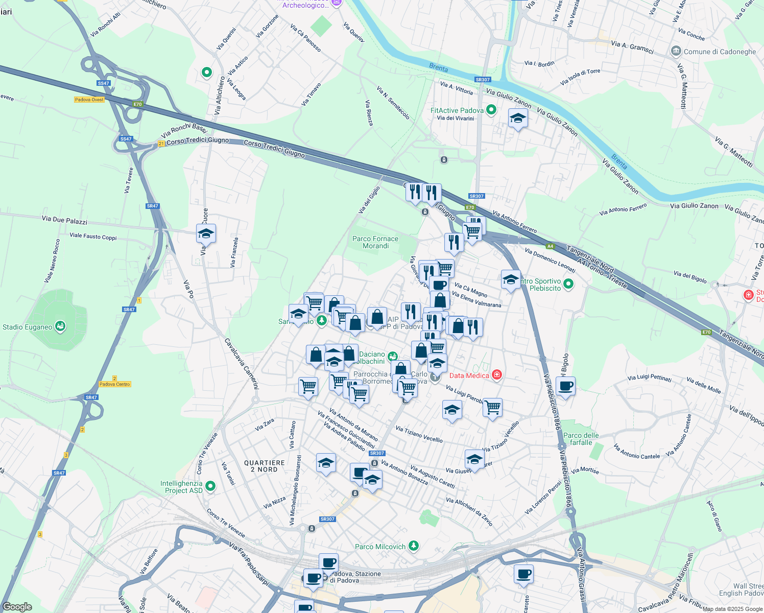 map of restaurants, bars, coffee shops, grocery stores, and more near Via Benedetto Bordone in Padua