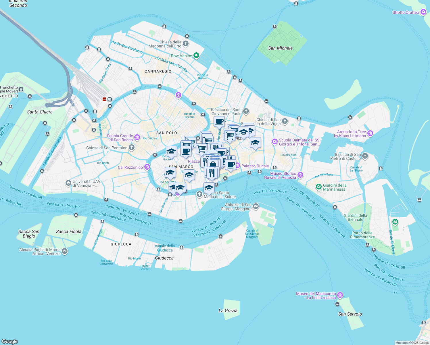 map of restaurants, bars, coffee shops, grocery stores, and more near 1342 San Marco in Venezia