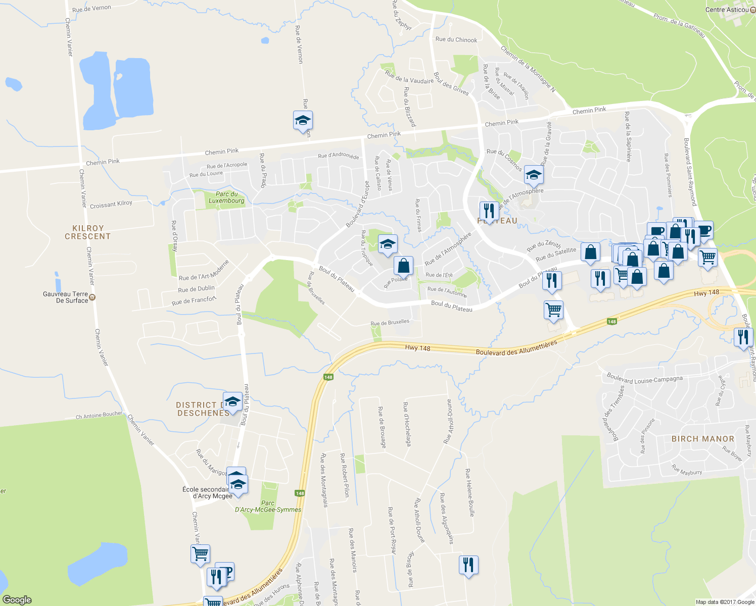 map of restaurants, bars, coffee shops, grocery stores, and more near 352 Boulevard du Plateau in Gatineau