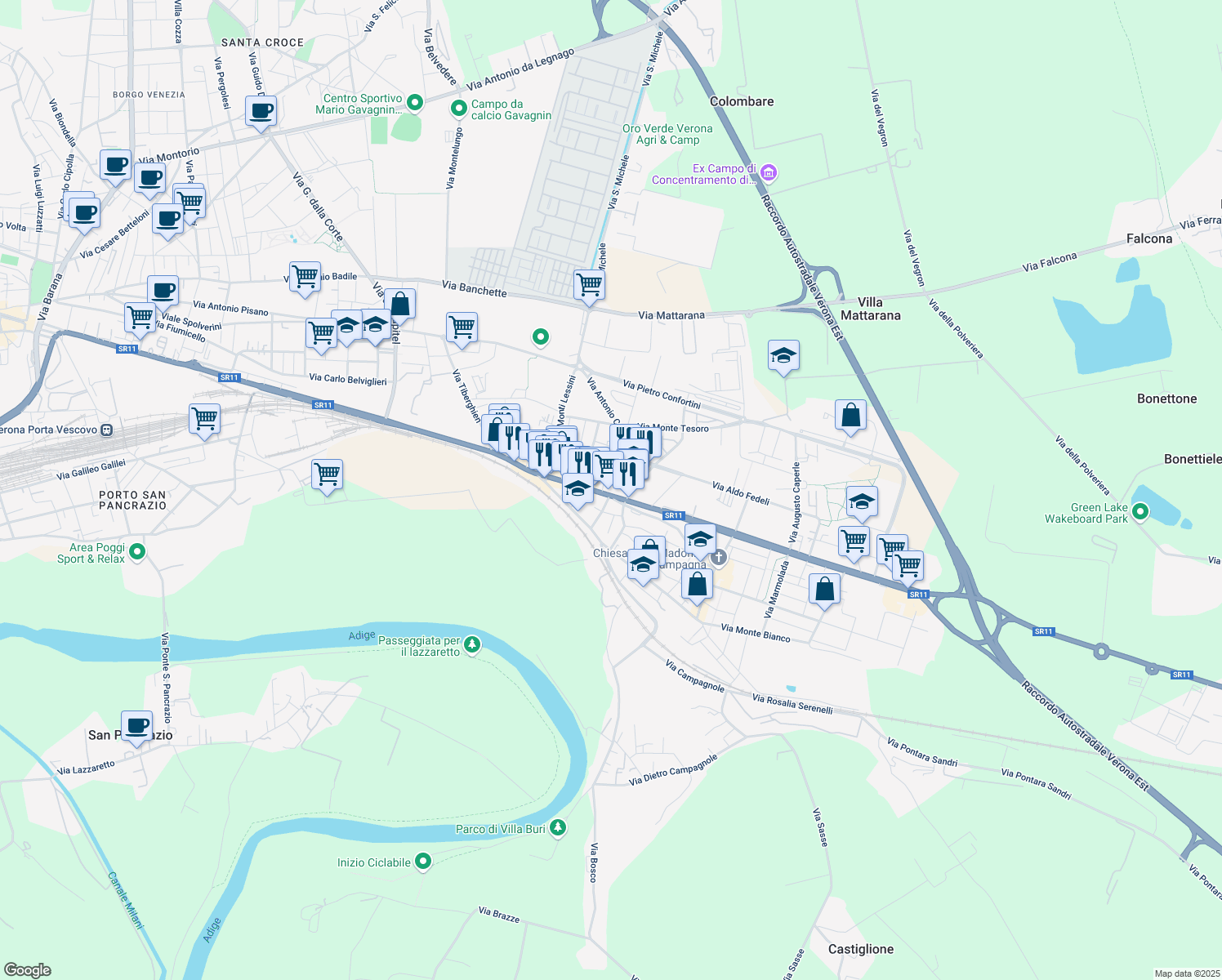 map of restaurants, bars, coffee shops, grocery stores, and more near 148A Via Unità D'Italia in Verona