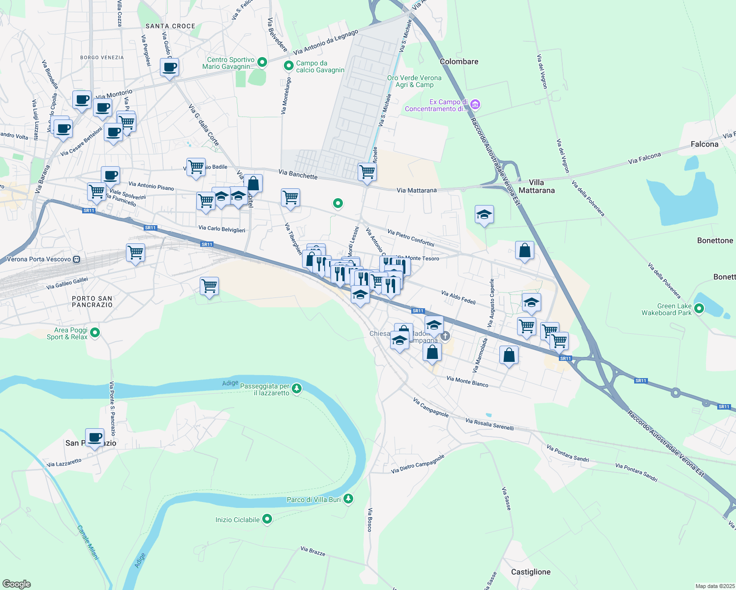 map of restaurants, bars, coffee shops, grocery stores, and more near 148A Via Unità d'Italia in Verona